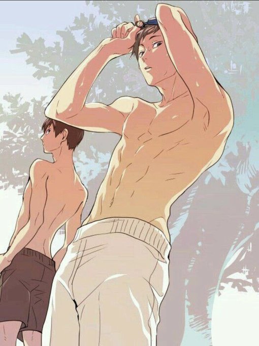 2boys armpits black_blue_hair black_swim_shorts blue_eyes brown_eyes brown_hair ennoshita_chikara goggles goggles_on_head haikyuu!! male male_focus male_only shorts tobio_kageyama trees