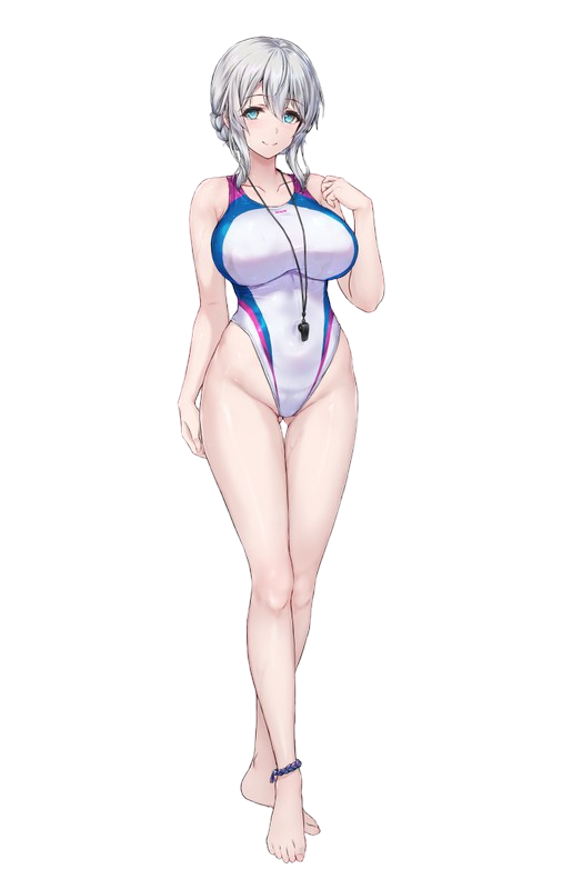 blue_eyes breasts comic commentary_request looking_at_viewer oc original_character png silver_hair swimsuit swimwear tagme toriatto_gununu transparent_background whistle whistle_(object) whistle_around_neck white_hair white_skin white_swimsuit