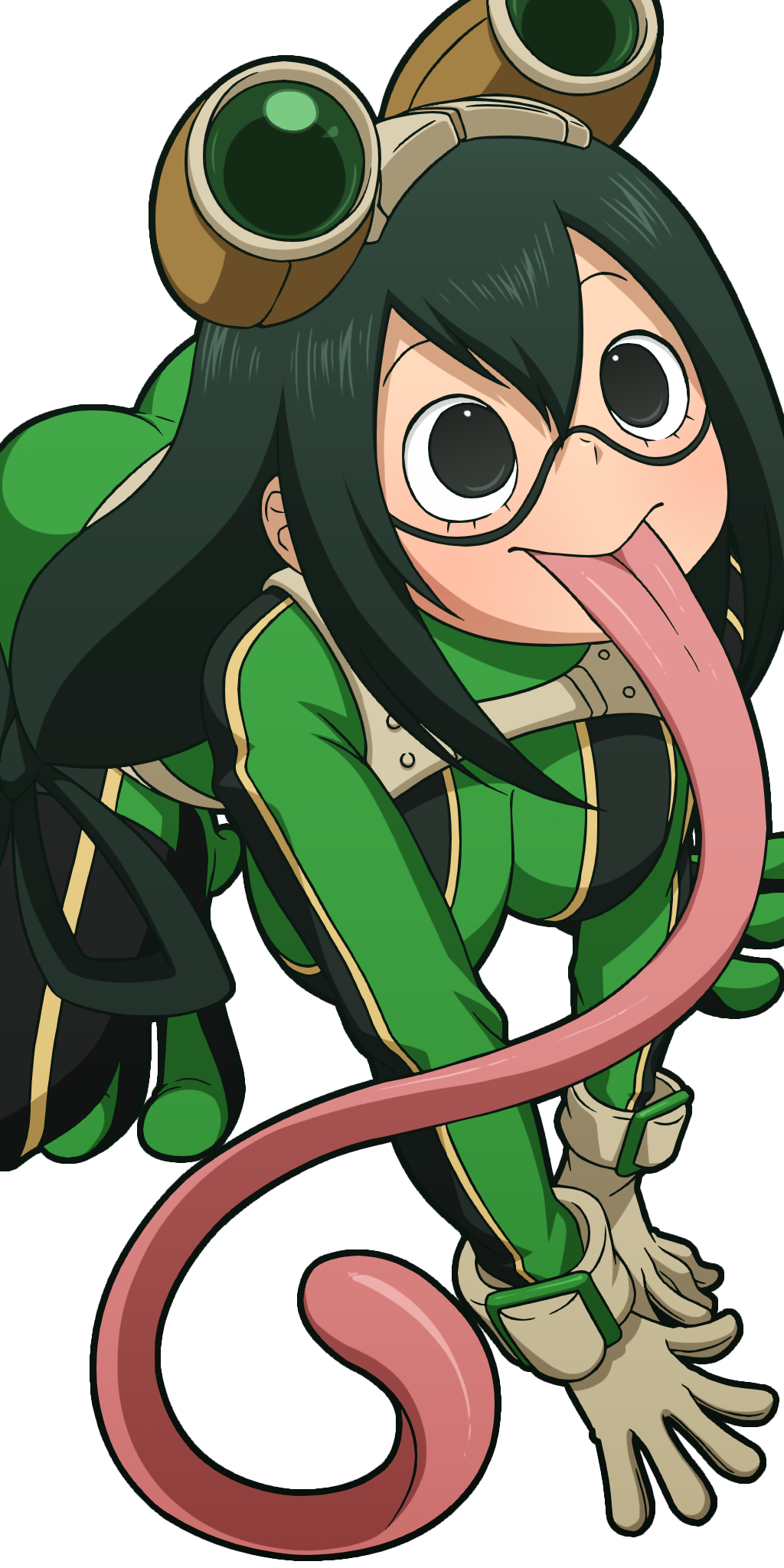 :>, 1girls, 2d, black eyes, boots, clothed, clothing, color, colored, dark green hair, female, goggles, green hair, hair between eyes, hero outfit (mha), light skin, light-skinned female, long tongue, manyakis, my hero academia, pale skin, pale-skinned female, sidelocks, solo, teenager, tongue, transparent background, tsuyu asui
