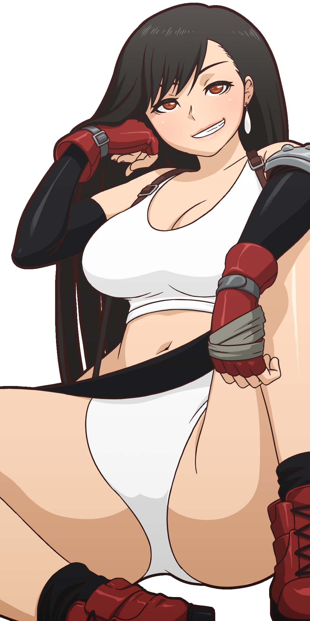 1girls 2d black_hair bra cleavage color colored earrings female final_fantasy final_fantasy_vii fingerless_gloves gloves light-skinned_female light_skin lingerie long_hair looking_at_viewer manyakis navel orange_eyes pale-skinned_female pale_skin panties red_gloves seductive smile tagme tifa_lockhart transparent_background underwear upskirt white_bra white_panties