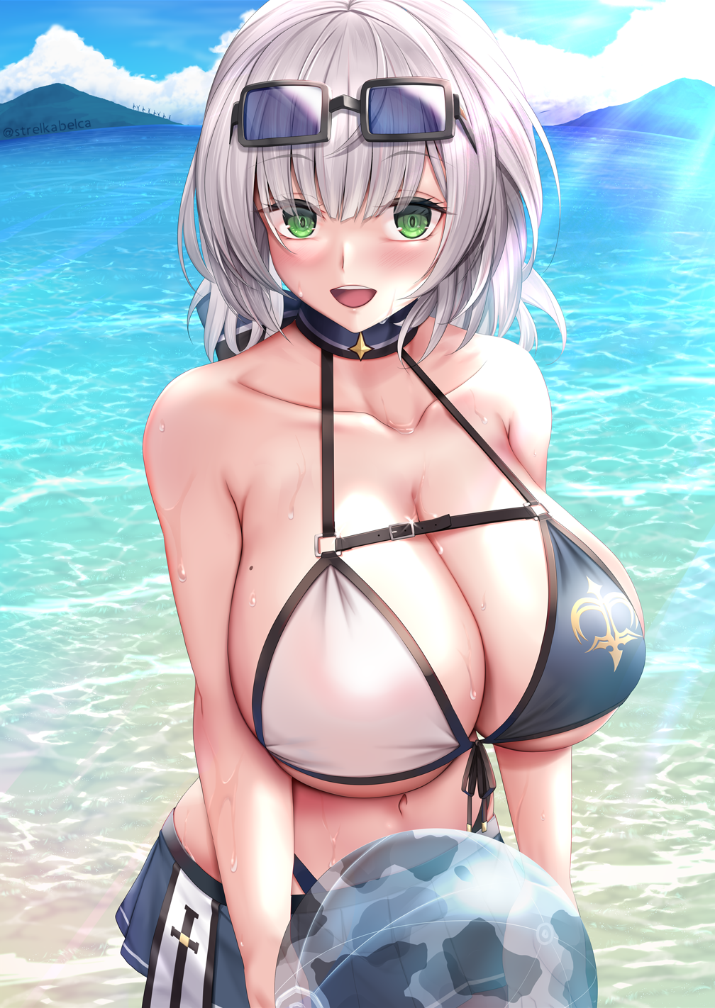 1girls, ball (object), bare shoulders, beachball, bikini, breasts, cleavage, collarbone, day, eyewear on head, female, female focus, female only, glint, green eyes, highres, holding, holding ball, hololive, hololive fantasy, hololive japan, huge breasts, looking at viewer, navel, ocean, open mouth, outdoors, shirogane noel, short hair, silver hair, smile, solo, solo female, solo focus, strelka belca, sunglasses, swimsuit, transparent, virtual youtuber, wet