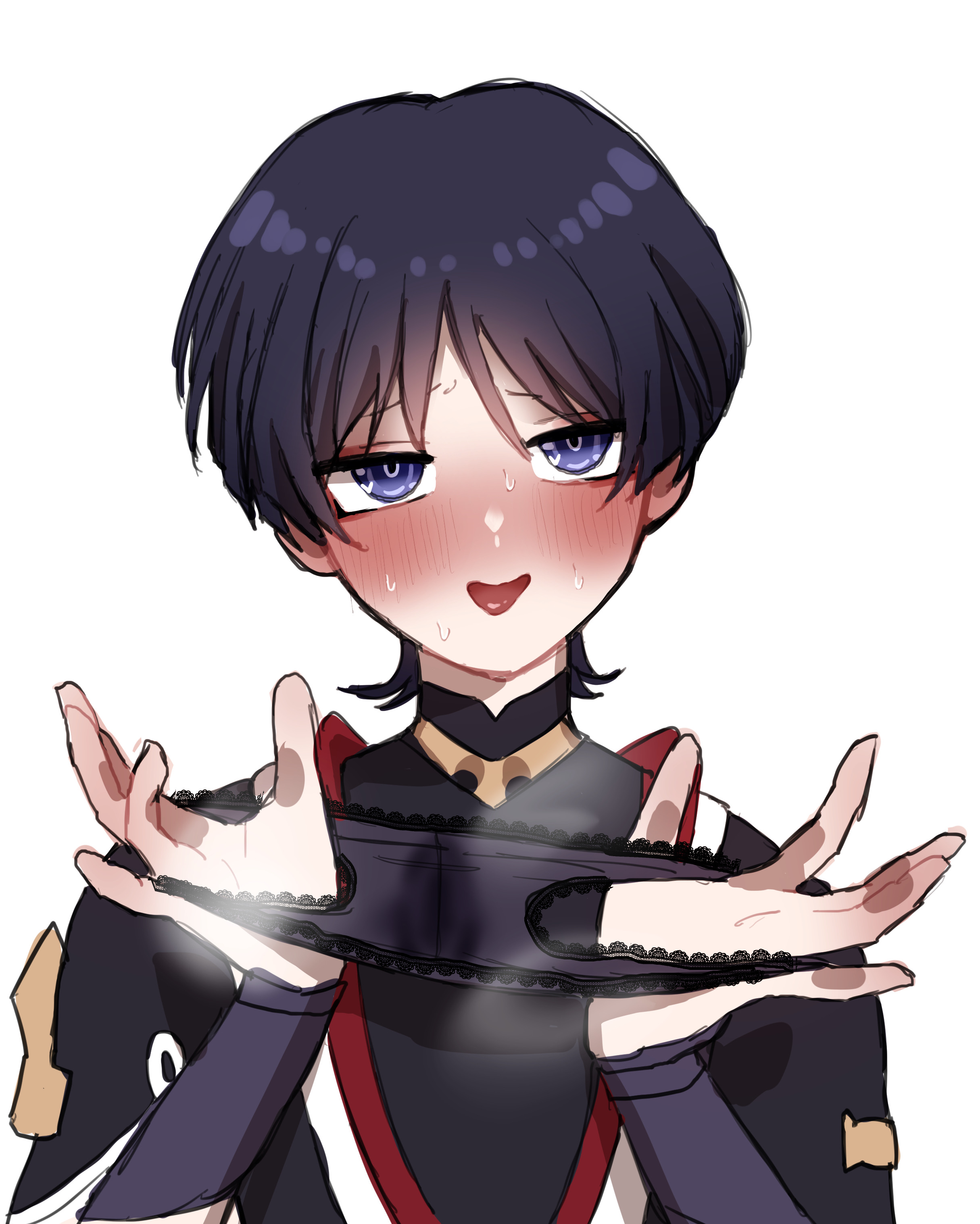 1boy, blush, genshin impact, holding panties, male, male only, panties, purple eyes, purple hair, qmrk123, scaramouche (genshin impact), tongue, tongue out