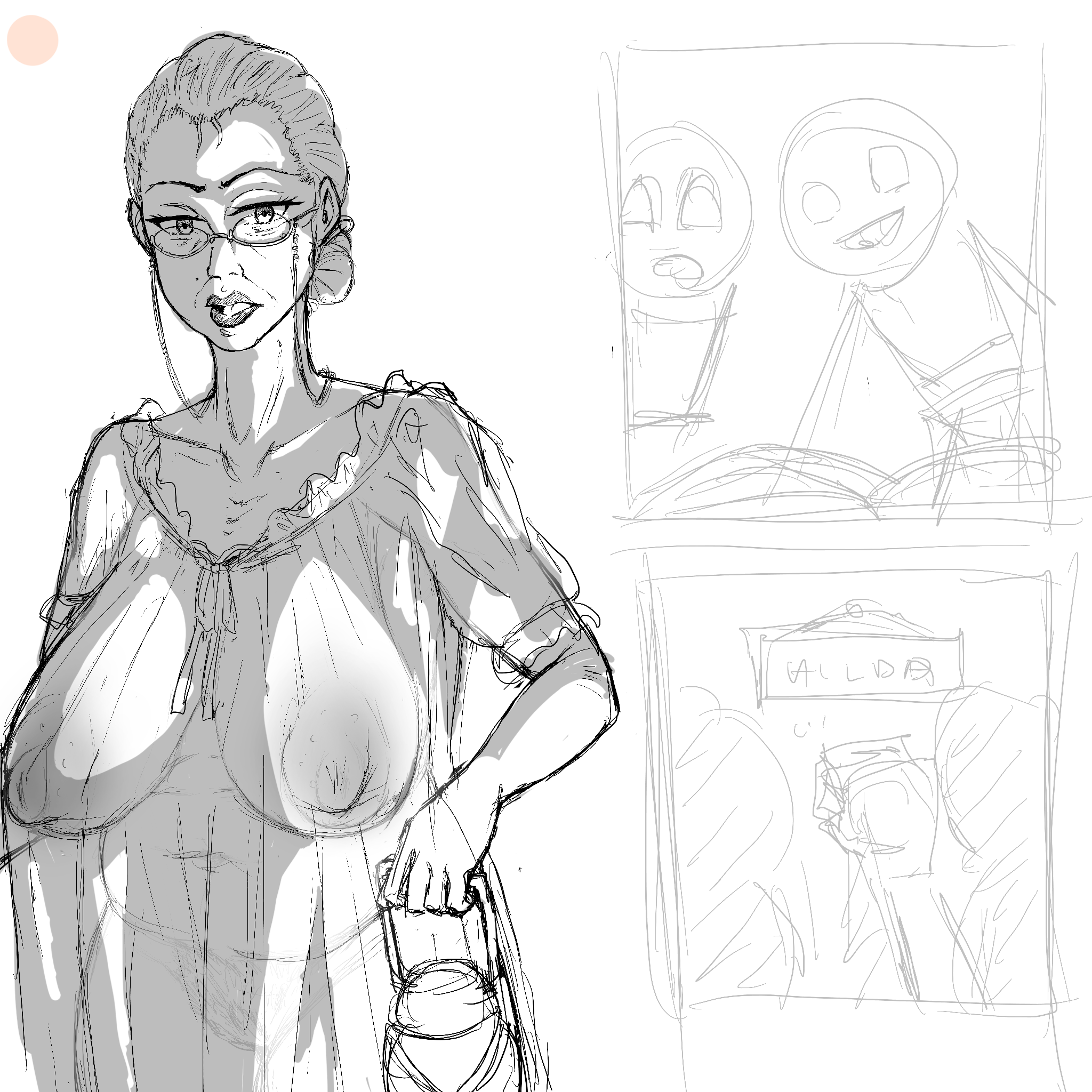 breasts, female, gilf, glasses, gown, lantern, large breasts, mature, moistman, nun, older female, panties, sketch, transparent clothing, wrinkles