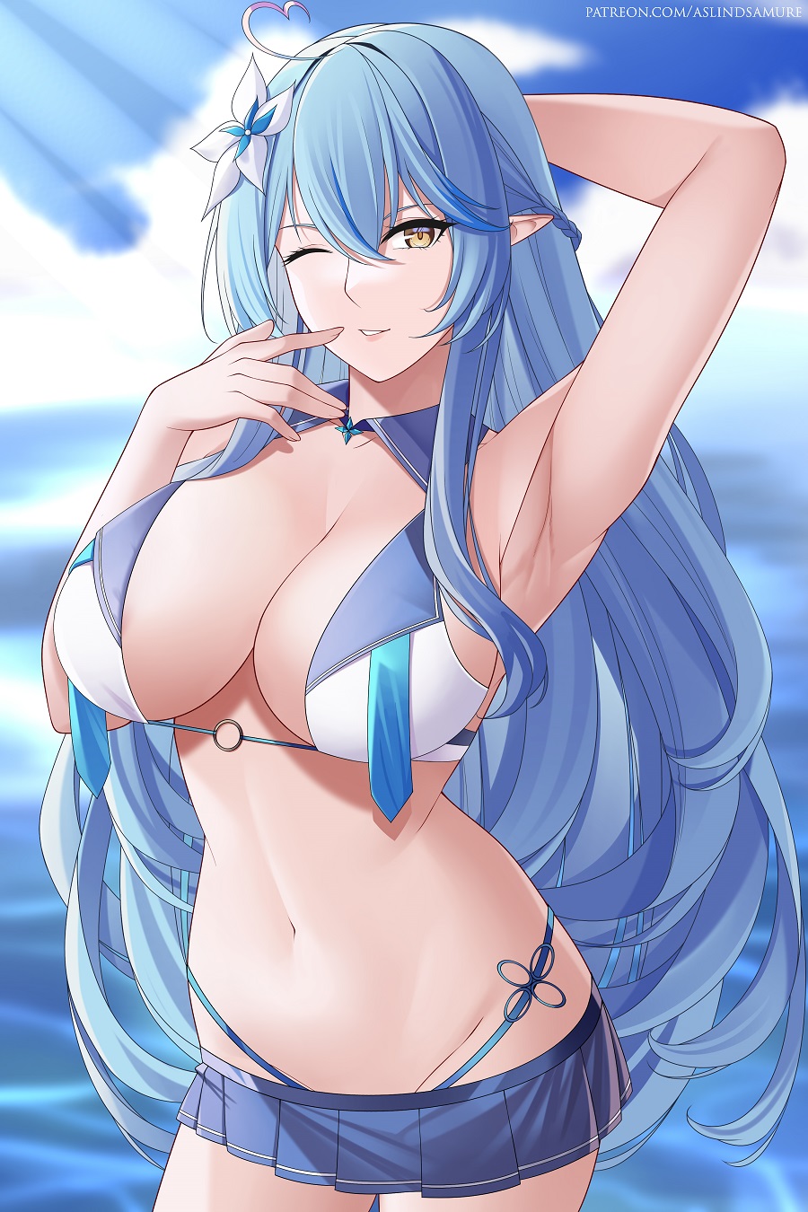 1girls, 2021, aqua hair, arm up, armpit, armpit focus, artist name, aslindsamure, belly, big breasts, bikini, bikini top, breasts, cleavage, covered nipples, female, female focus, female only, hair flower, hair ornament, highleg, hololive, hololive gen 5, hololive japan, looking at viewer, microskirt, miniskirt, navel, one eye closed, patreon url, patreon username, pointy ears, seaside, skirt, solo, solo female, solo focus, standing, virtual youtuber, yellow eyes, yukihana lamy