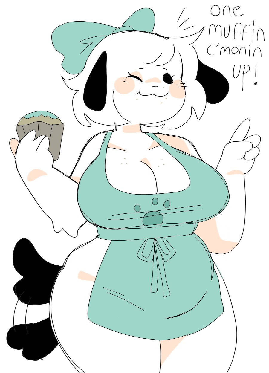 1girls anthro apron big_breasts bow breasts canid canine canis chubby clothed clothing cute dialogue english_text female female_only fur furry furry_only huge_breasts muffin naked_apron partially_clothed pepper_(puppychan) puppychan solo standing tail text thick_thighs wide_hips