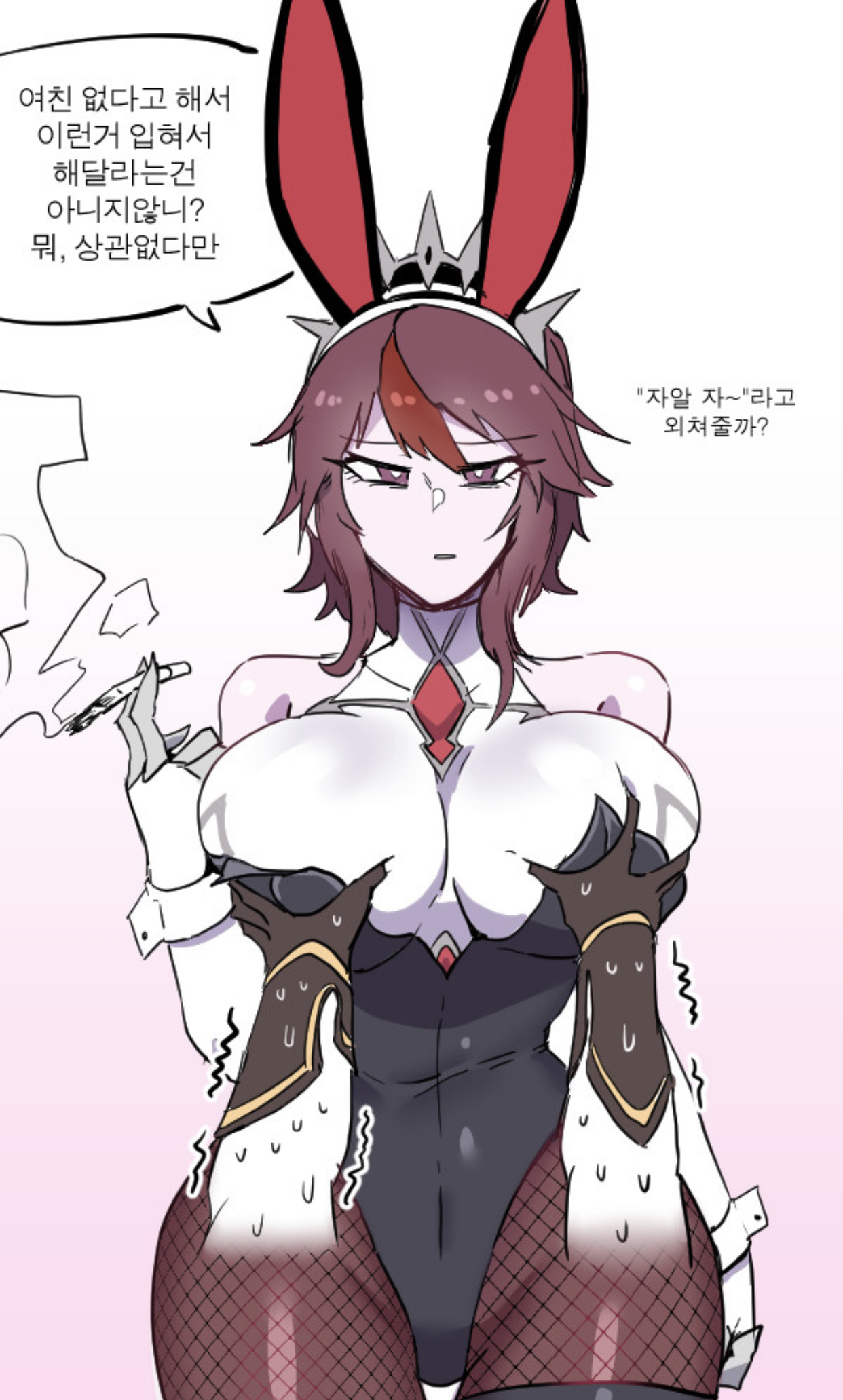 1boy, 1girls, aether (genshin impact), breast grab, breast press, breast squeeze, breasts, bunny ears, bunny girl, bunnysuit, female, genshin impact, korean text, large breasts, male, mannungei, red hair, rosaria (genshin impact), short hair, smoking, thick thighs, translation request, trembling
