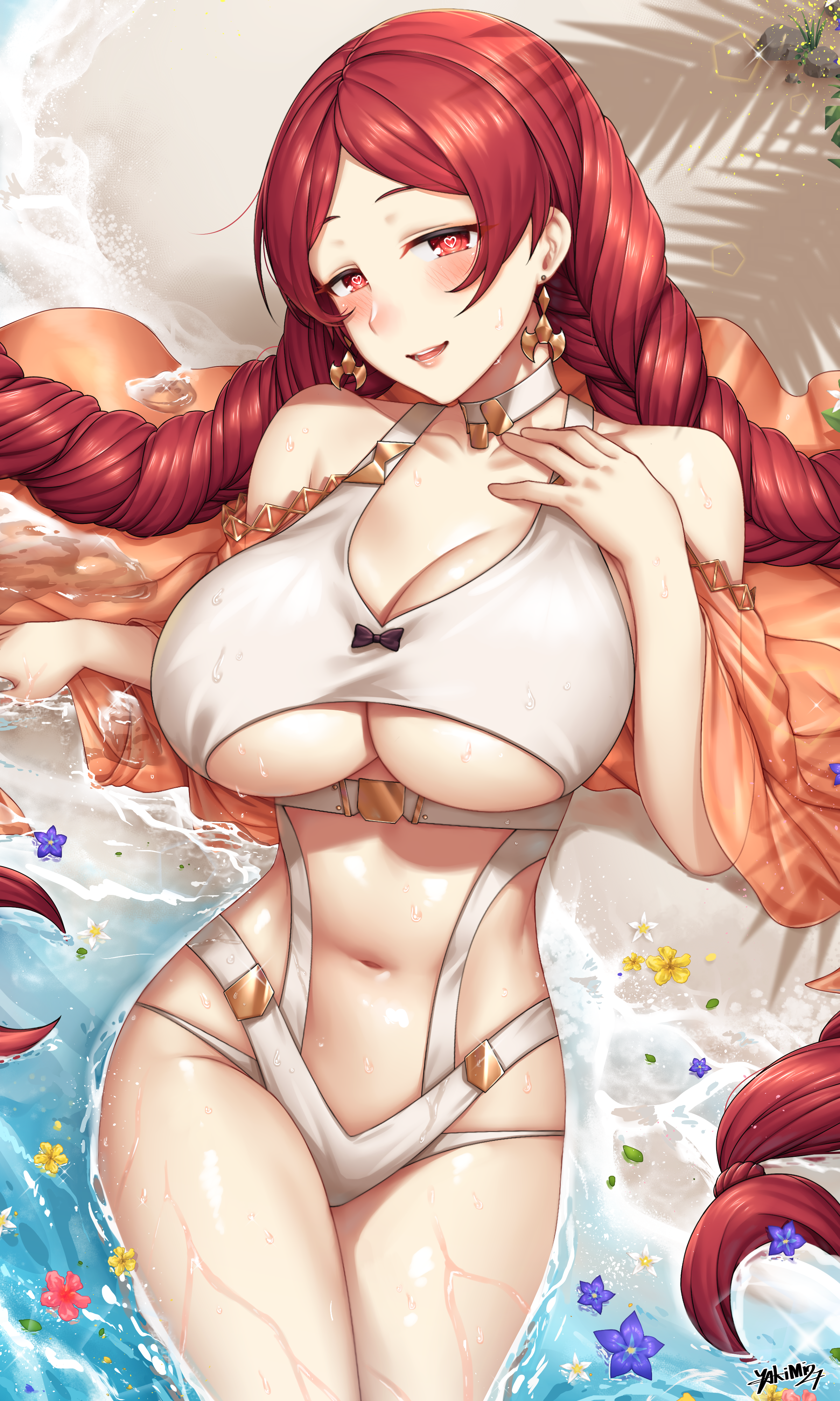 1girls, bangs, bare shoulders, beach, blush, braid, breasts, clavicle, cleavage, clothing, earrings, female, heart, heart-shaped pupils, high resolution, indie virtual youtuber, jewelry, large breasts, large filesize, lips, long hair, low twin braids, lying, navel, on back, red eyes, red hair, sand, seductive smile, smile, solo, swimsuit, symbol-shaped pupils, tied hair, twin braids, very high resolution, very long hair, virtual youtuber, water, yakimi 27