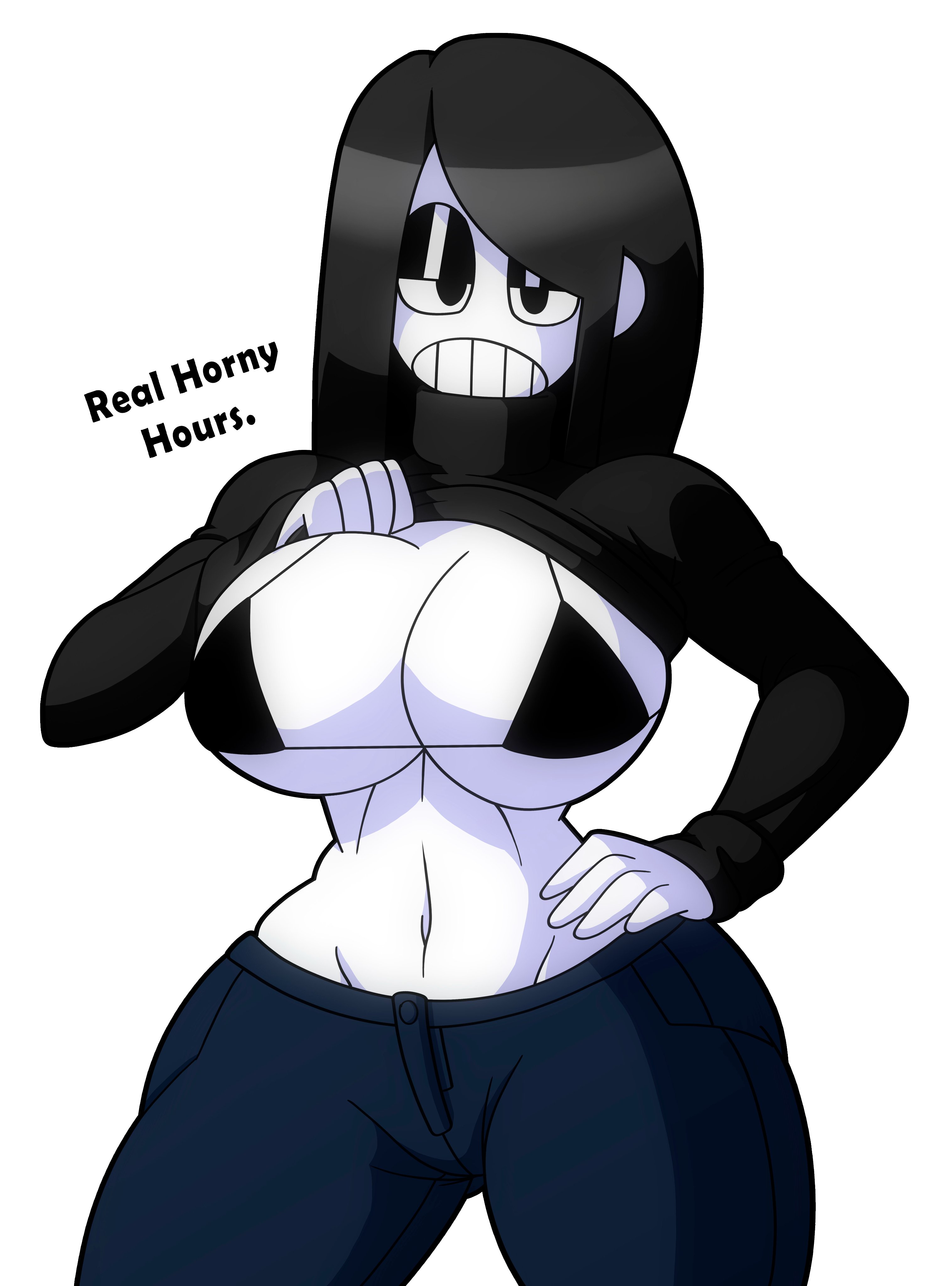 2021, big breasts, bikini top, black bikini, black hair, blindstash, breasts, curvy, female, goth, hand on hip, looking at viewer, solo, solo female, sweater, sweater lift, veronica (saltynoodles), voluptuous, white skin