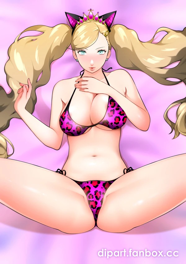 1girls, animal ears, ann takamaki, blonde hair, blue eyes, cat ears, cognitive ann, dip art, female, jewelry, leopard print, leopard print bikini, lingerie, persona, persona 5