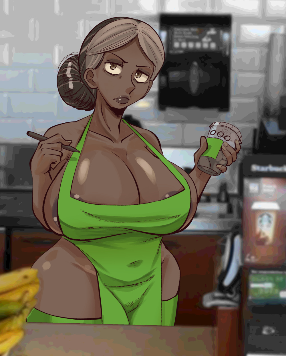 1girls, apron, box chan, breasts, cartoon network, cleavage, dark nipples, dark skin, dark-skinned female, female, female focus, female only, hair bun, hourglass figure, huge breasts, iced latte with breast milk, long hair, looking at viewer, mature, mature female, meme, milf, mother, naked, naked apron, priyanka maheswaran, short hair, steven universe, waitress, waitress uniform, wide hips