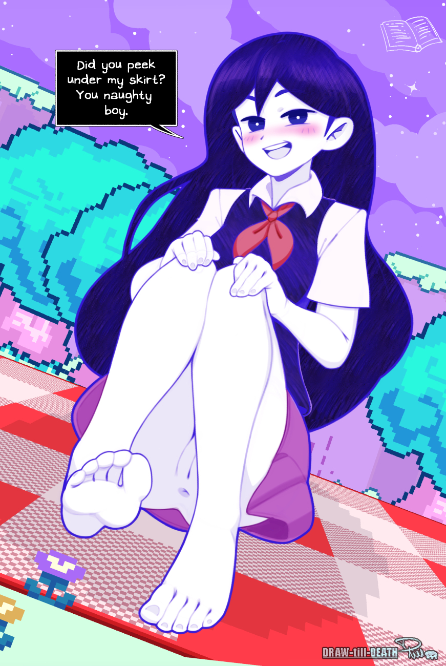 1girls anus barefoot blush draw-till-death english_text feet female female_only long_hair looking_at_viewer mari_(omori) mob_face no_panties omori open_mouth purple_skirt pussy school_uniform skirt soles solo text text_box toes upskirt