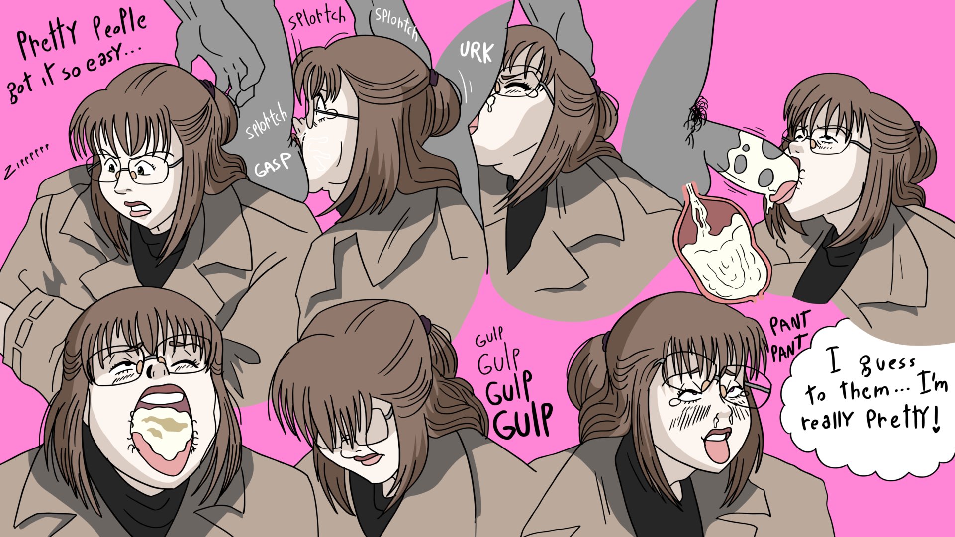 all the way to the base, balls, balls deep, big penis, blowjob, brown hair, clothed, clothing, cock, comic, commission, commission art, commissioner upload, cum, cum in mouth, cum in nose, cum in stomach, cum in throat, cum on penis, cum out nose, cum swallow, deepthroat, dialogue, eyes rolling back, face fucking, faceless male, fellatio, female, female focus, gasp, glasses, glasses askew, gripping, gulp, gulping, hand on head, imminent anal, imminent fellatio, jones boi, jonesbo50034805, licking, licking penis, lotte frank, male, male/female, monster (manga), oral, panting, penis, pubes, pubes in mouth, pubic hair, pubic hair in mouth, shocked, snot, snot trail, stray pubic hair, surprised, swallowing, swallowing cum, tearing up, tears, thick cum, throat bulge, tongue, tongue out, trenchcoat, unzipping, x-ray