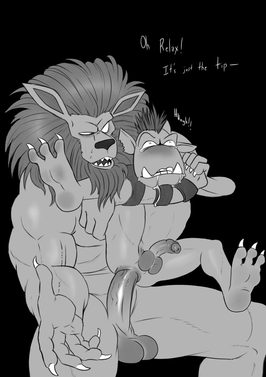 3_toes 5_fingers balls bandai_namco beard big_penis bodily_fluids digimon digimon_(species) drooling duo empty_eyes erection facial_hair feet fingers gay genitals goblimon hi_res humanoid_genitalia humanoid_penis leomon male male/male male_only mane monochrome muscular penis rough_sex saliva sex size_difference tears tight_fit toes tush yaoi