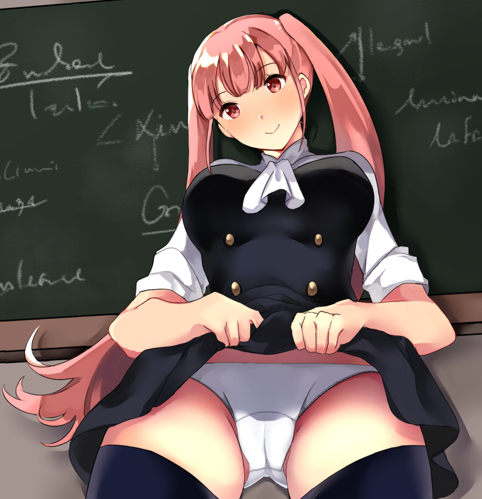 1girls, bare thighs, blush, breasts, cameltoe, female, fire emblem, fire emblem: three houses, garreg mach monastery uniform, hilda valentine goneril, lifted by self, looking at viewer, medium breasts, nintendo, panties, partially visible vulva, pink eyes, pink hair, presenting, presenting panties, pussy, rumuronmelone, short hair, skirt, skirt lift, smile, solo, standing, thighhighs, thighs, twintails, upskirt, white panties