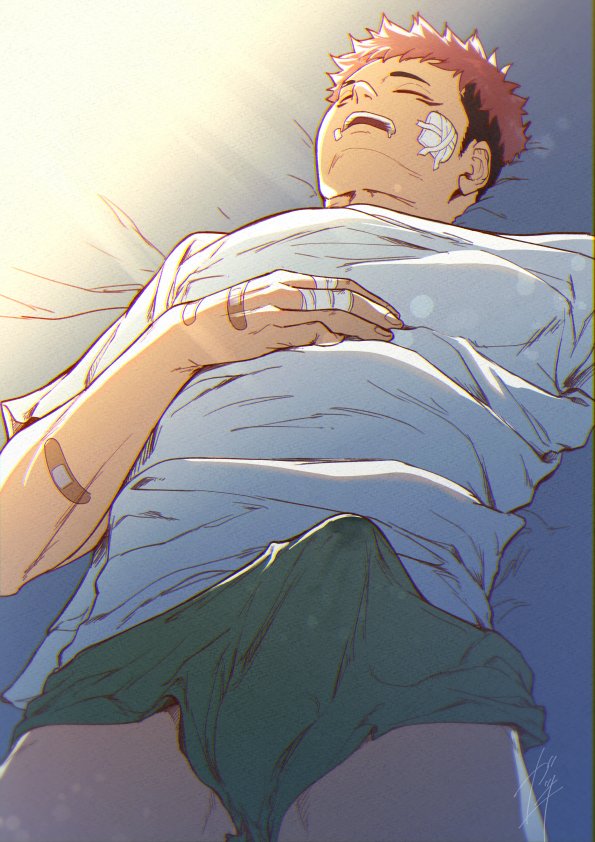 1boy bandages bandaid black_hair bulge closed_eyes drool erect_while_sleeping erection_under_clothing gakki_(gaku_suru) injuries itadori_yuuji jujutsu_kaisen lying_on_back male male_only mouth_open red_hair sleeping solo two_tone_hair