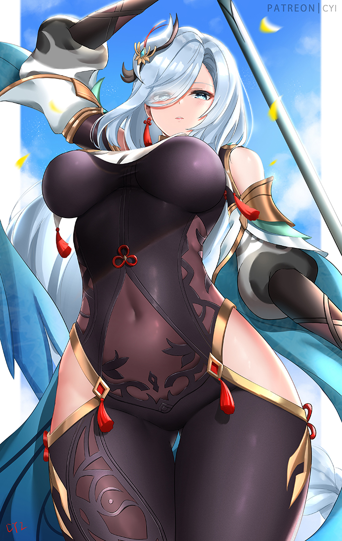1girls, breasts, breasts outside, center opening, cyi, cyicheng, detached sleeves, elbow gloves, female, garter straps, genshin impact, gloves, green eyes, hair over one eye, hand on hip, highres, large breasts, long hair, looking at viewer, nipples, open mouth, panties, shenhe (genshin impact), single detached sleeve, single elbow glove, solo