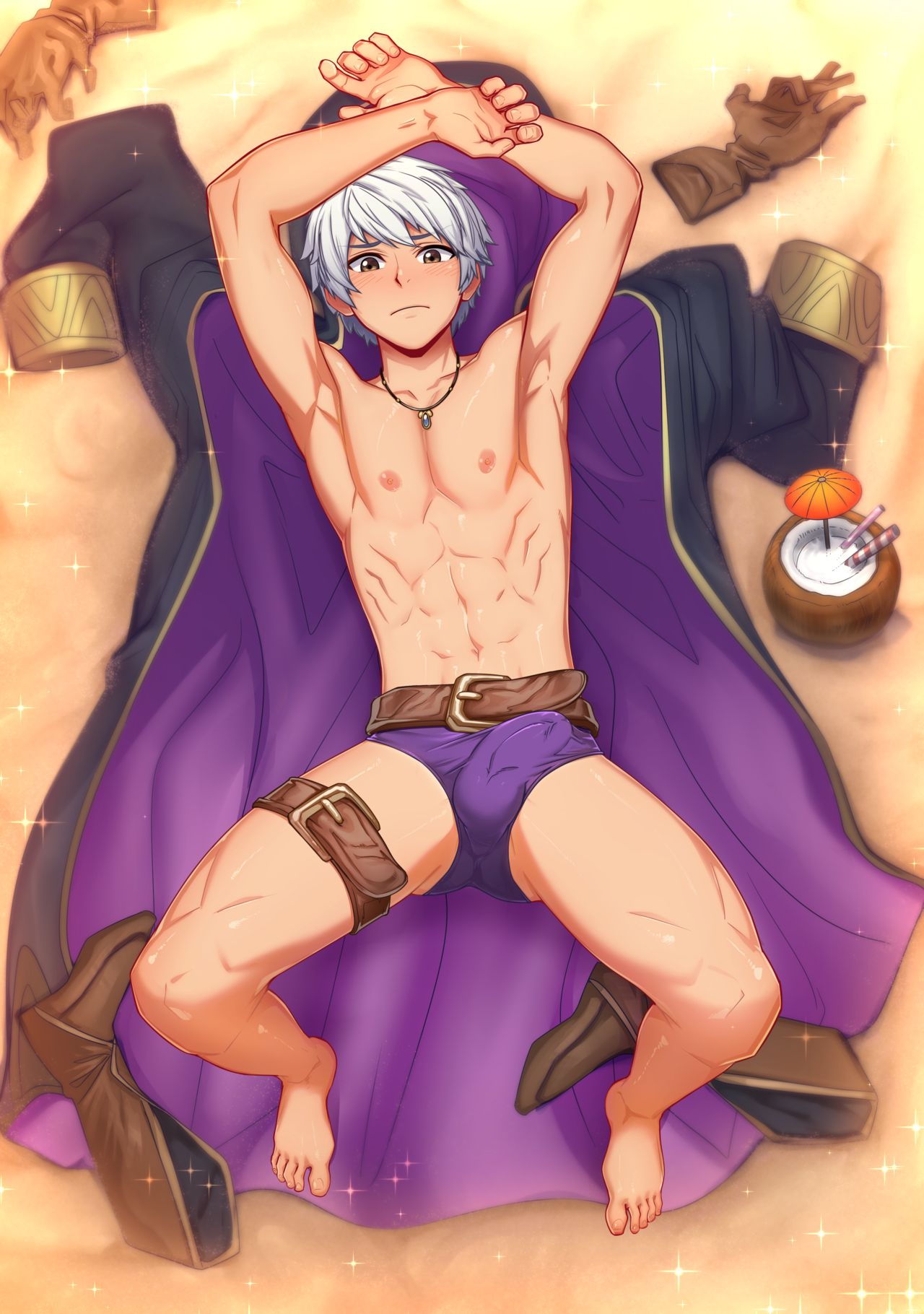 1boy, abs, balls, beach, belt, blush, bulge, fire emblem, fire emblem awakening, fire emblem heroes, laying down, looking at viewer, male, male only, nipples, robin (fire emblem), robin (fire emblem) (male), short hair, solo, suiton, underwear, white hair, yellow eyes