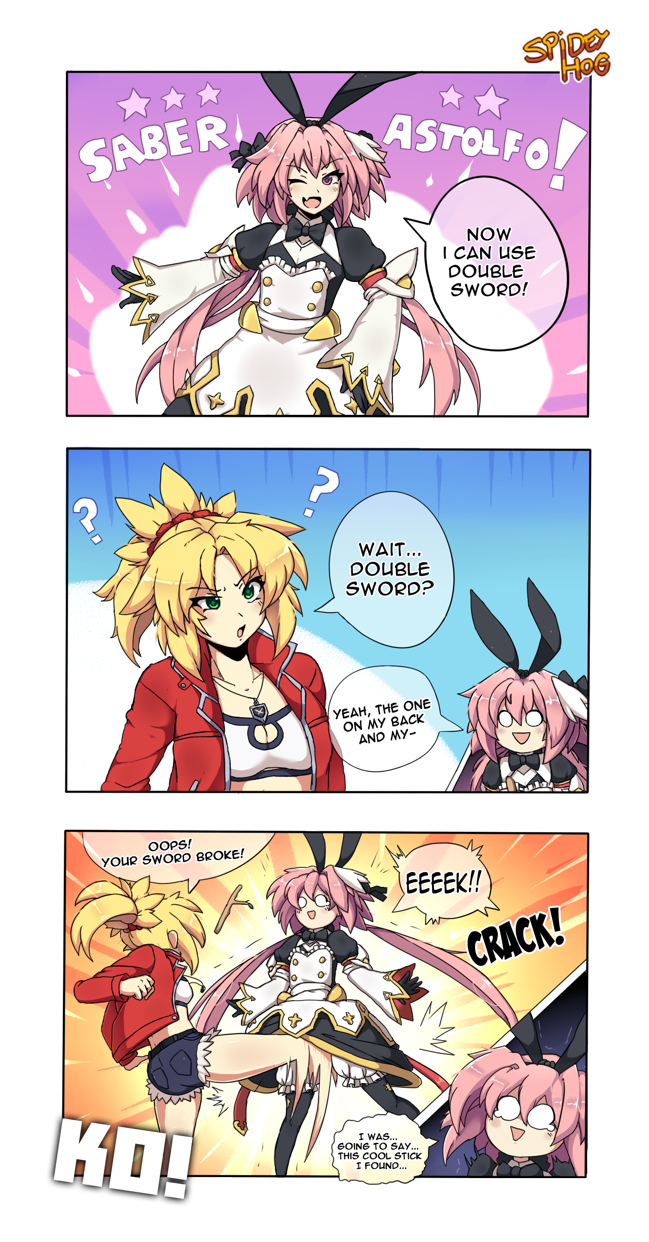 astolfo (fate), ballbusting, balls, blonde hair, bowtie, cock and ball torture, cock and balls torture, fate (series), fate/apocrypha, female, green eyes, kicking, male, mordred (fate), penis, pink eyes, pink hair