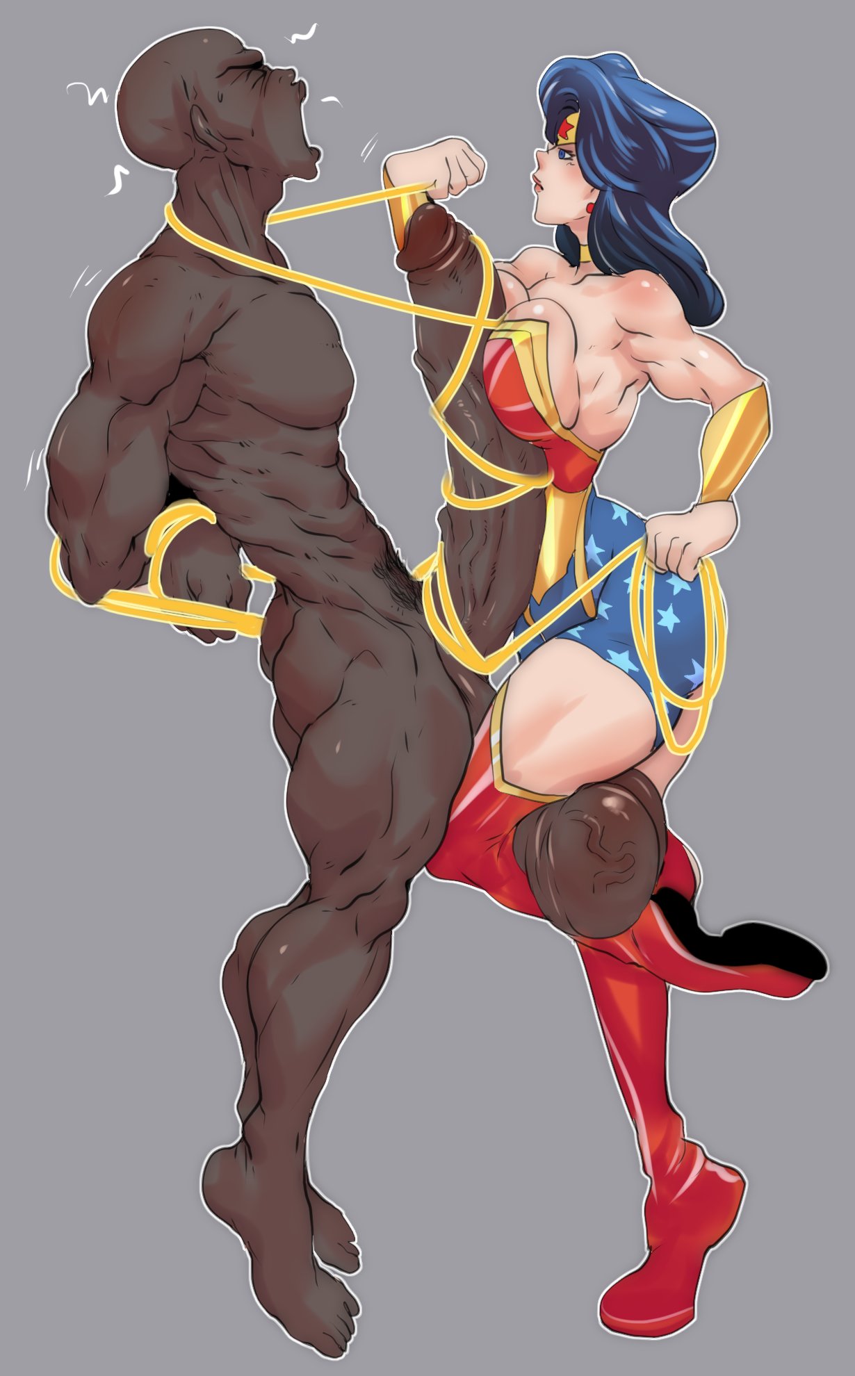 1boy 1girls ballbusting balls big_balls big_breasts big_penis black_hair bondage breasts dark-skinned_male dark_skin dc_comics female femdom huge_cock hyper hyper_penis interracial lasso lasso_of_truth male muscular muscular_female muscular_male nude paizuri penis raizengax riderx thick_thighs wonder_woman wonder_woman_(series)