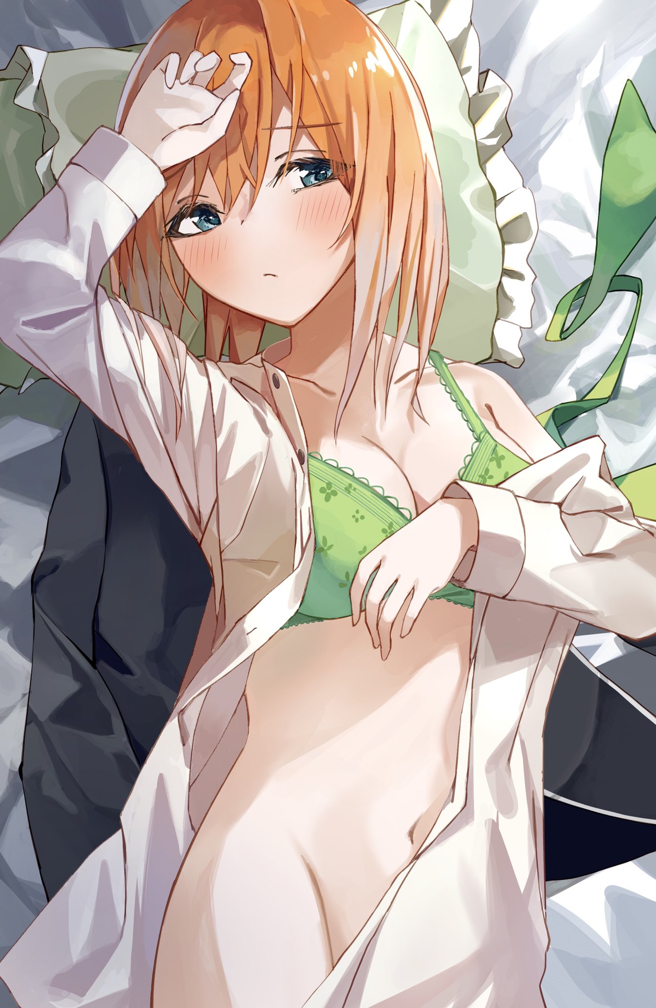 1girls, bed, bed sheet, bedroom eyes, blazer, blue eyes, blush, bob cut, bottomless, bra, breasts, female, female only, go-toubun no hanayome, green bra, green ribbons, hand on head, light skin, light-skinned female, nakano yotsuba, navel, nel dcm, open shirt, orange hair, pillow, short hair, solo, white shirt