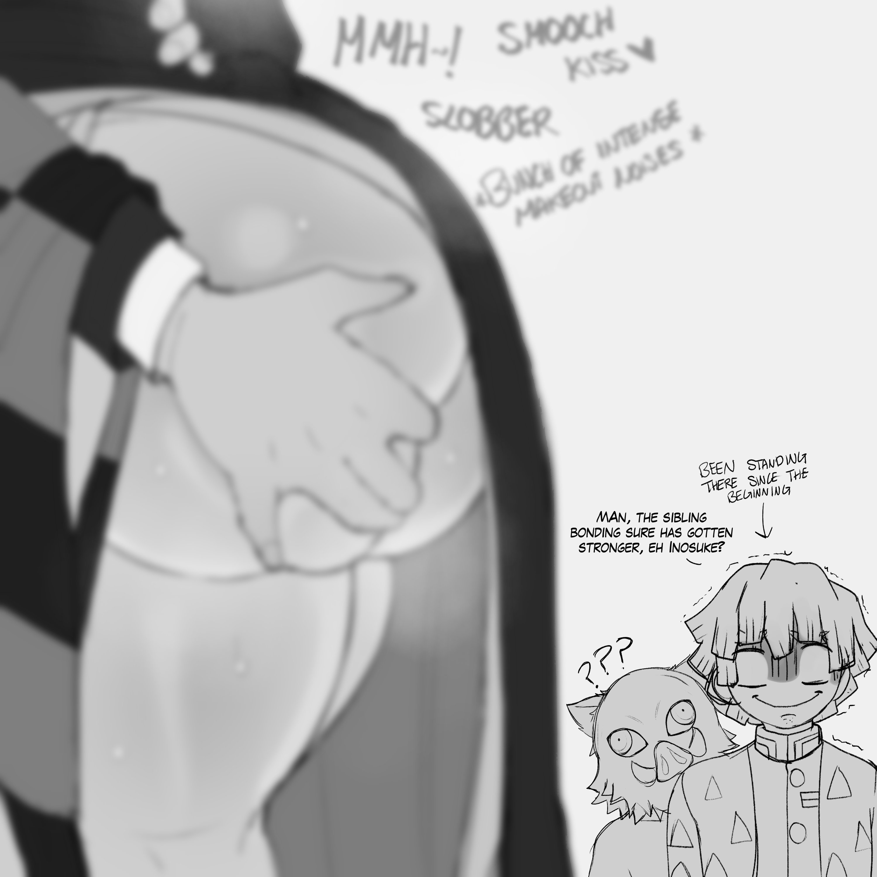 1girls, 3boys, alternate ass size, ass, ass grab, big ass, blackwhiplash, brother and sister, bwl, bystanders, caked up, demon slayer, favorite, female, incest, inosuke hashibira, kamado nezuko, kamado tanjirou, kimetsu no yaiba, kissing, making out, male, monochrome, multiple boys, multiple males, shounen jump, text, thick ass, thick thighs, zenitsu agatsuma