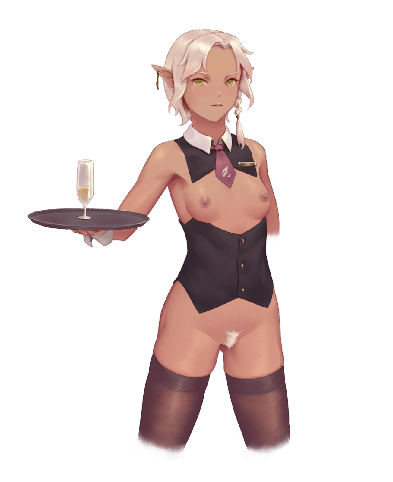 1girls, bigrbear, braid, breasts, dark skin, detached collar, elf, female, female only, functionally nude, functionally nude female, necktie, nude, pointy ears, pubic hair, pussy, short hair, slim, small breasts, solo, source request, thighhighs, tray, uncensored, white hair, wrist cuff, yellow eyes