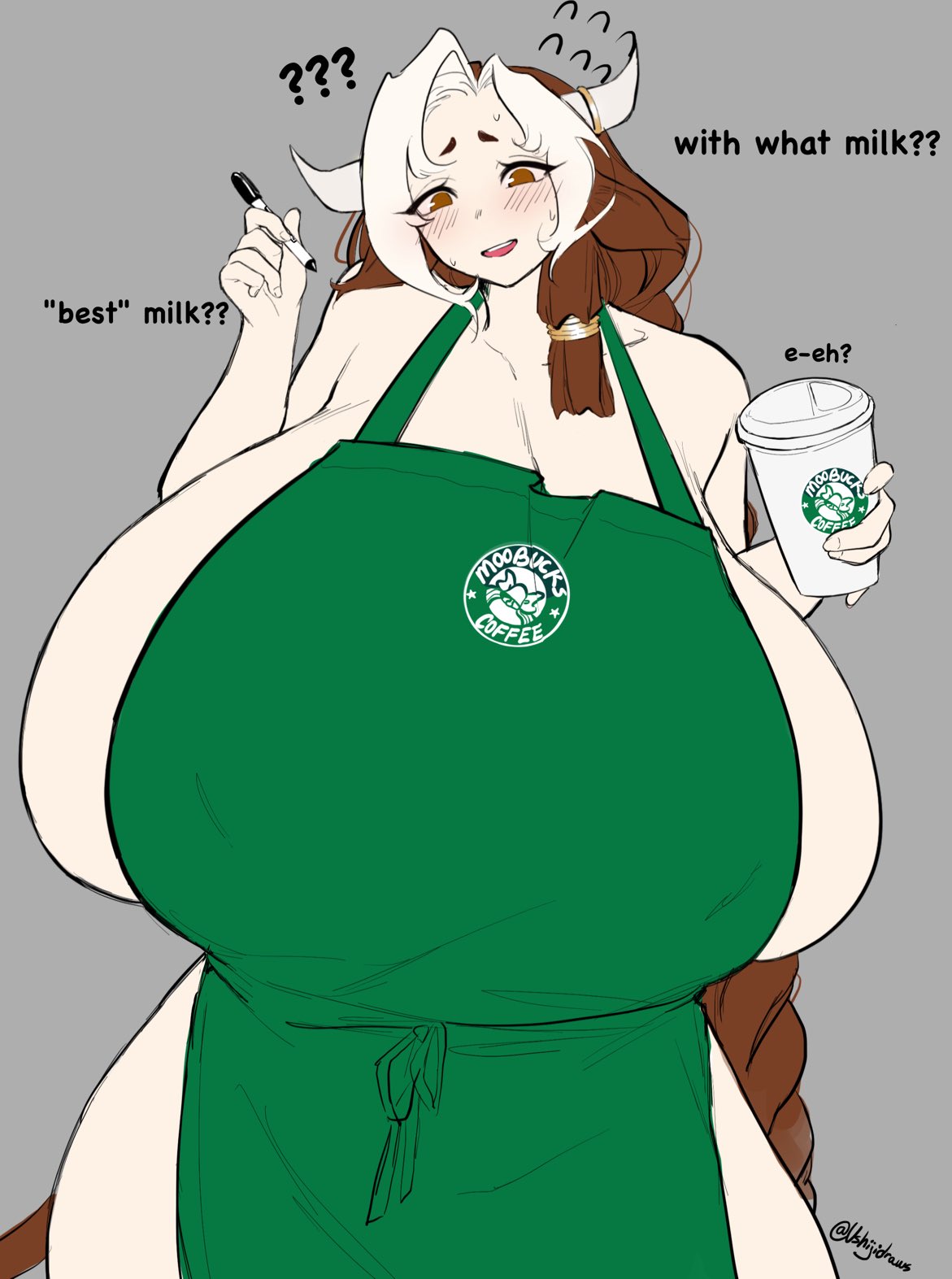 1girls 2021 apron apron_only blush braid breasts breasts_bigger_than_head brown_eyes brown_hair cow_girl cow_horns curvaceous curvy english english_text female female_focus gigantic_breasts horns iced_latte_with_breast_milk leche_(ushiji) light-skinned_female light_skin long_hair matching_hair/eyes meme naked naked_apron original_character signature solo solo_female solo_focus streaked_hair sweat text ushiji voluptuous