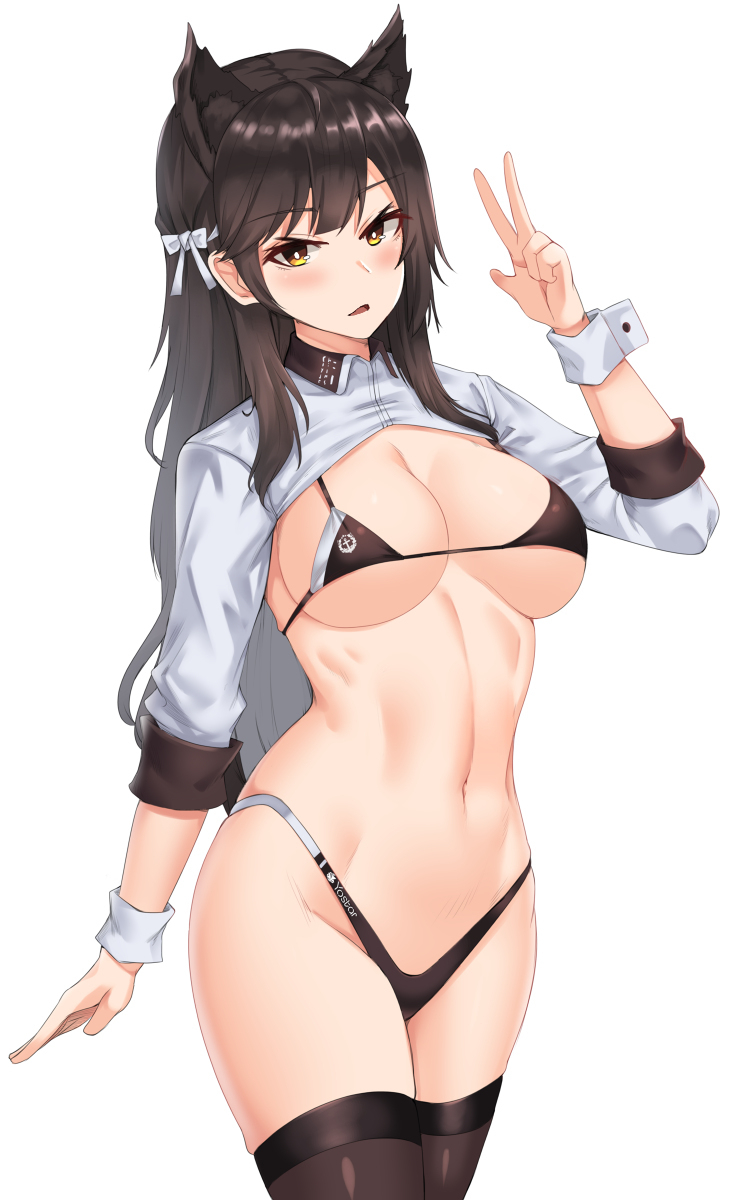 1girls animal_ears atago_(azur_lane) atago_(stunning_speedster)_(azur_lane) azur_lane bangs bikini black_bikini black_hair black_legwear blush bow breasts cat_ears clyde_s cowboy_shot eyebrows_visible_through_hair female female_focus female_only hairbow highleg highleg_bikini highres large_breasts long_hair long_sleeves looking_at_viewer micro_bikini mole mole_under_eye navel open_mouth race_queen shrug_(clothing) simple_background skindentation solo solo_female solo_focus stomach swimsuit thighhighs w white_background white_bow wrist_cuffs yellow_eyes