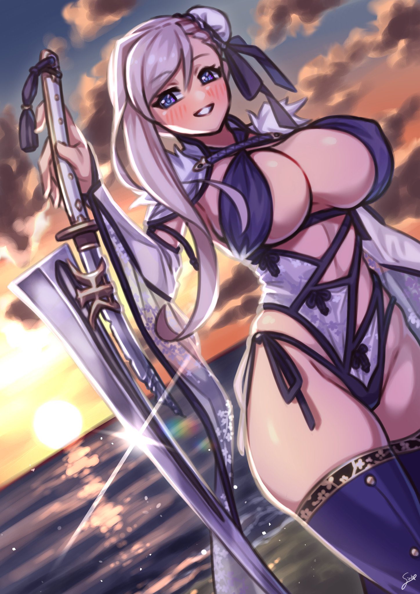 1girls, big breasts, breasts, cleavage, coffeelove68, fate (series), female, female only, large breasts, miyamoto musashi (fate), miyamoto musashi (swimsuit berserker), miyamoto musashi (swimsuit berserker) (third ascension) (fate), solo