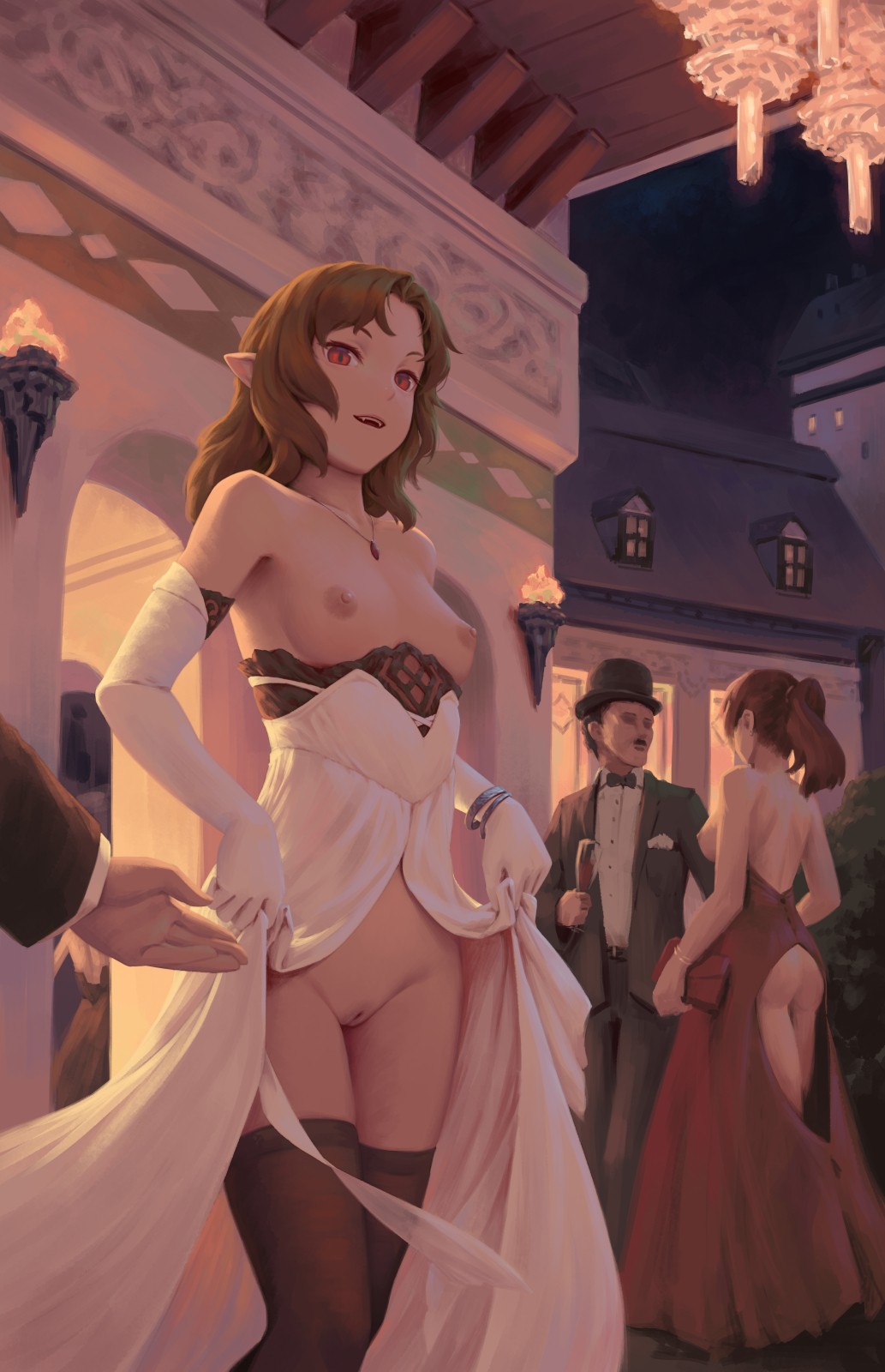 bigrbear breasts brown_hair detailed_background dress elbow_gloves female long_hair nipples no_bra no_panties nude ophelia_(bigrbear) painting_(artwork) pussy red_eyes slim slit_pupils small_breasts thighhighs uncensored