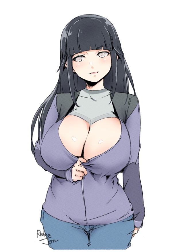 big_breasts black_hair blush boob_window cleavage cleavage_cutout cleavage_pull cleavage_reach clothed clothed_female deep_cleavage huge_breasts hyuuga_hinata jacket looking_at_viewer naruto naruto_(series) naruto_shippuden relaxjon revealing_clothes seductive seductive_smile shirt_pull shounen_jump smile smiling_at_viewer standing thick_thighs wide_hips