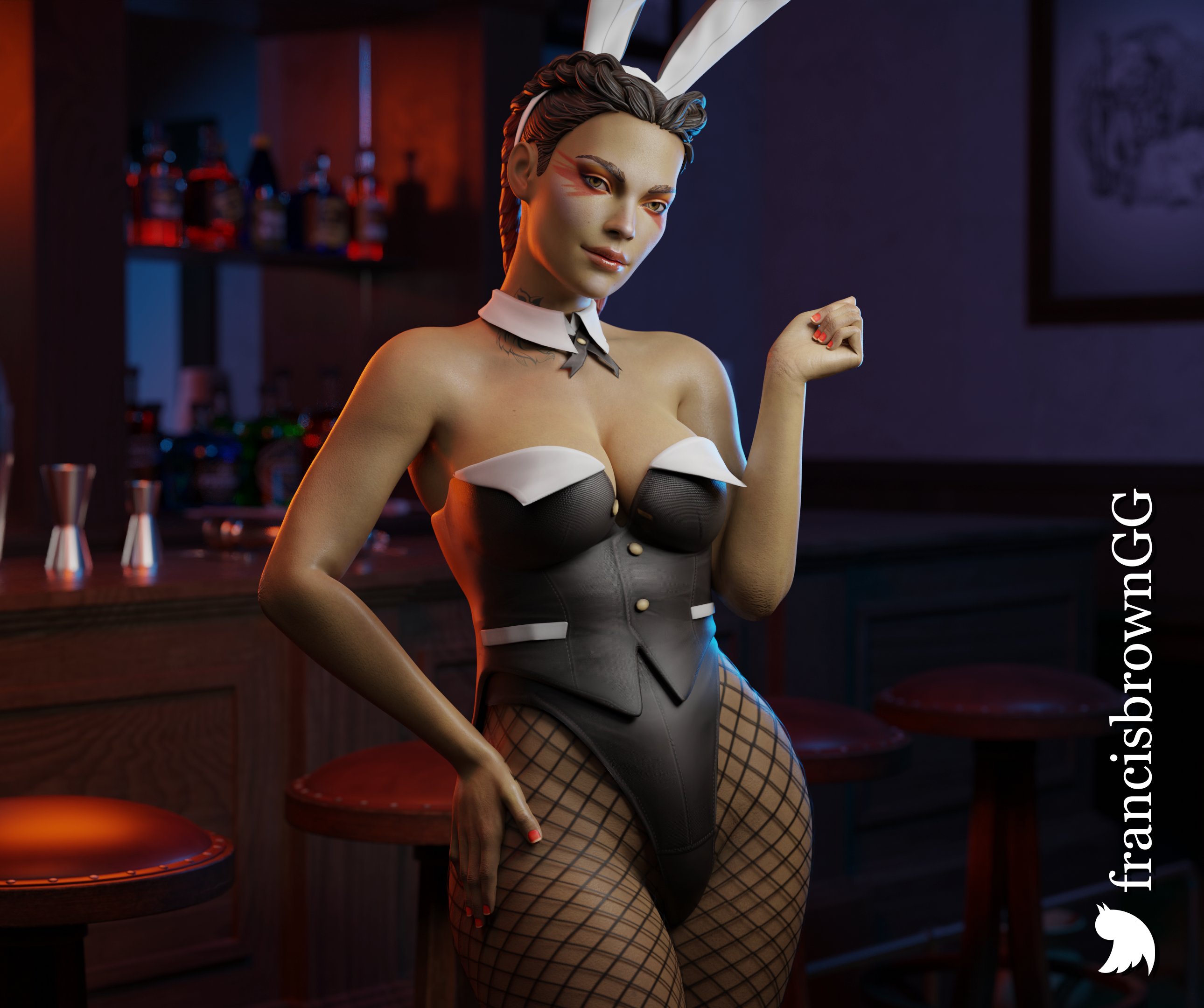 1girls, 3d, apex legends, blender, breasts, bunny ears, bunny girl, bunnysuit, cleavage, dark skin, dark-skinned female, female, female only, francis brown, loba (apex legends), solo