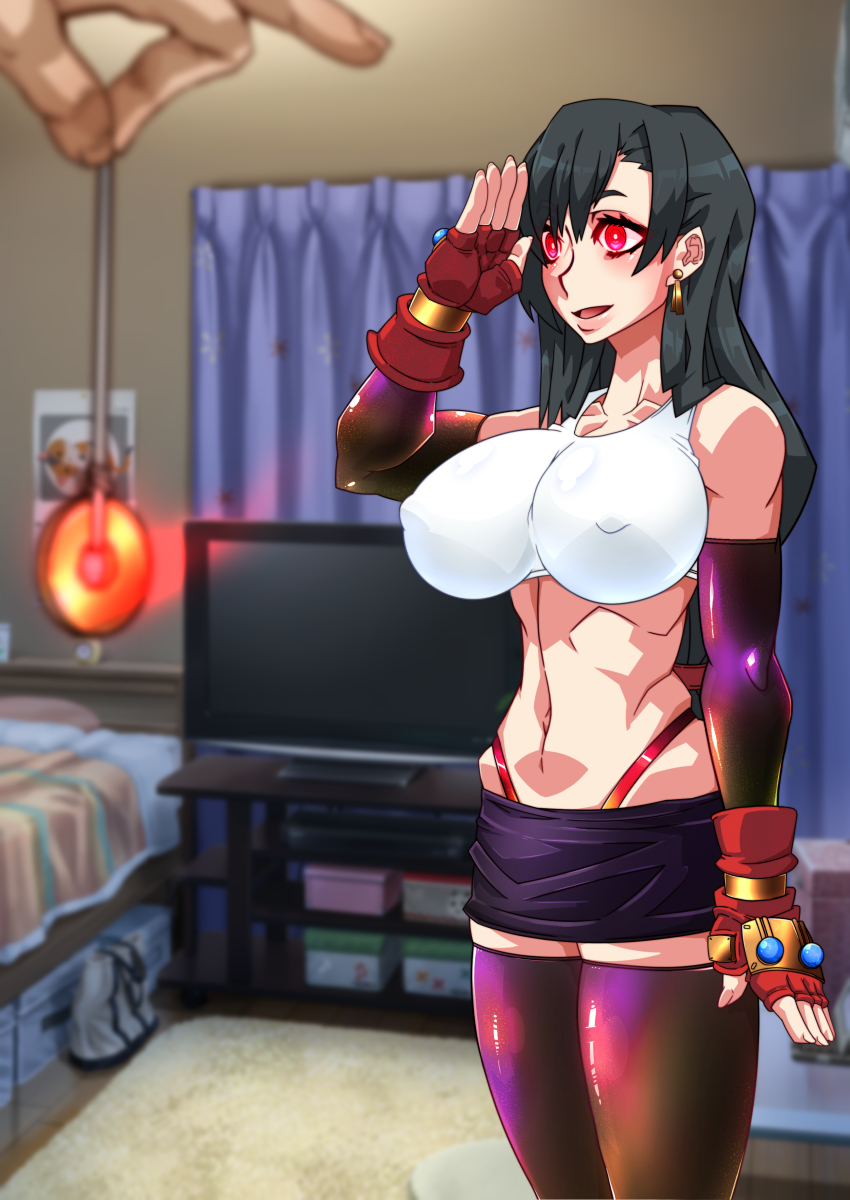 1girls belu big_breasts black_hair breasts earrings femsub final_fantasy final_fantasy_vii fingerless_gloves glowing_eyes happy_female horny_female hypnosis hypnotized long_hair mind_control nipple_bulge salute tank_top tifa_lockhart