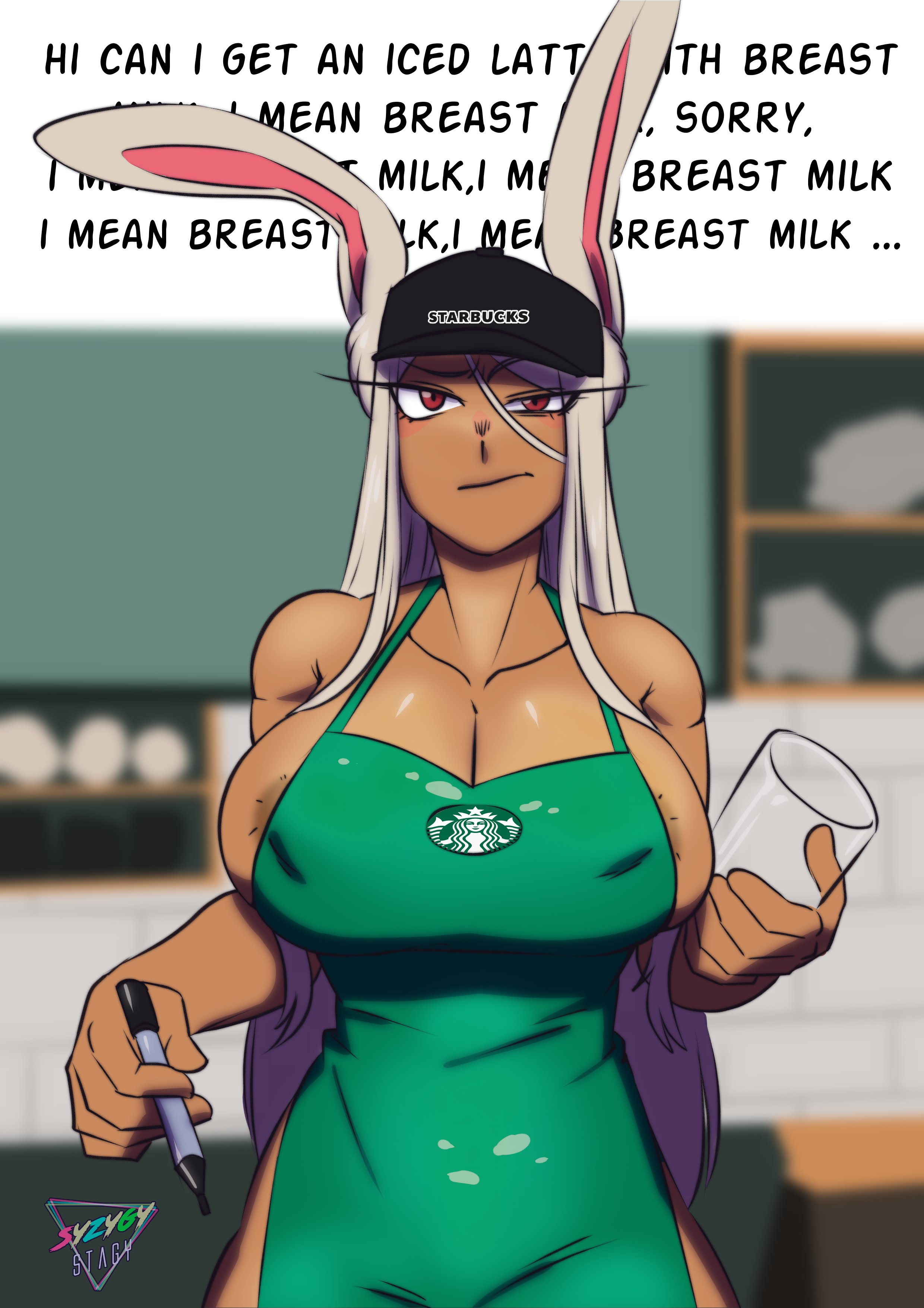 animal penis, apron, apron only, breasts, buckteeth, bunny ears, busty, dark skin, dark-skinned female, female, hourglass figure, iced latte with breast milk, irritated, long hair, male, meme, miruko, my hero academia, penis, rumi usagiyama, syzygystagy, tagme, waitress, waitress uniform, white hair, wide hips