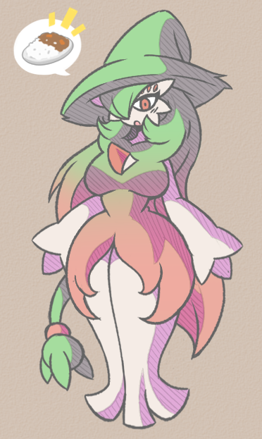 anthro breasts eyelashes female female_only food fusion gardevoir green_body green_hair green_hat hat hatterene looking_at_viewer pink_hair pokémon_(species) pokemon pokemon_(species) pokemon_rse pokemon_ss rakkuguy red_eyes simple_background speech_bubble thick_thighs thighs