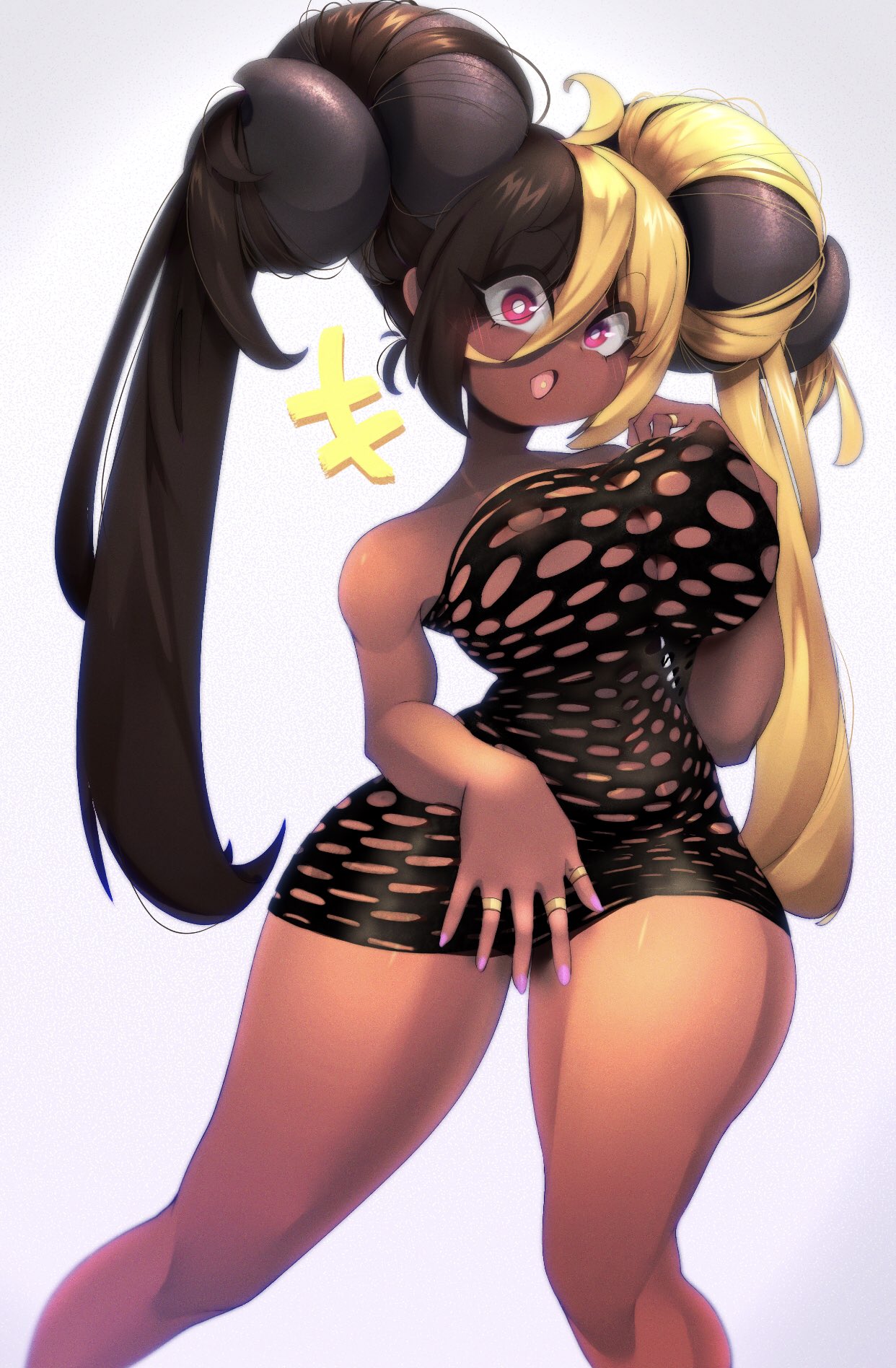 1girls :o ahoge aife_(zanamaoria) areolae blonde_hair breasts brown_hair curved_horns demon_horns dress female female_only hair_on_horn hi_res horns light_blush long_hair looking_at_viewer nipples pink_eyes pink_fingernails ring sheepus solo solo_female succubus tan_skin tongue_piercing two_tone_hair white_background wide_eyed