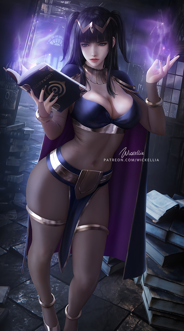 1girls bangs black_hair black_nails bodystocking book breasts cape cleavage commentary english_commentary female fire_emblem fire_emblem_awakening grey_eyes indoors large_breasts lips long_hair magic nail_polish navel nintendo pelvic_curtain reading solo tharja_(fire_emblem) twintails wickellia window