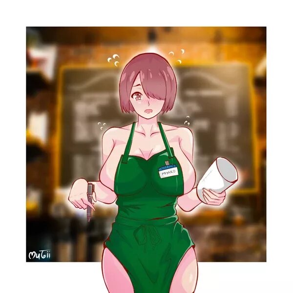 1girls, apron, blush, breasts, brown hair, cleavage, cup, female, hair over eyes, hoshino miyako (wataten), iced latte with breast milk, large breasts, meme, naked apron, pen, short hair, solo, watashi ni tenshi ga maiorita!
