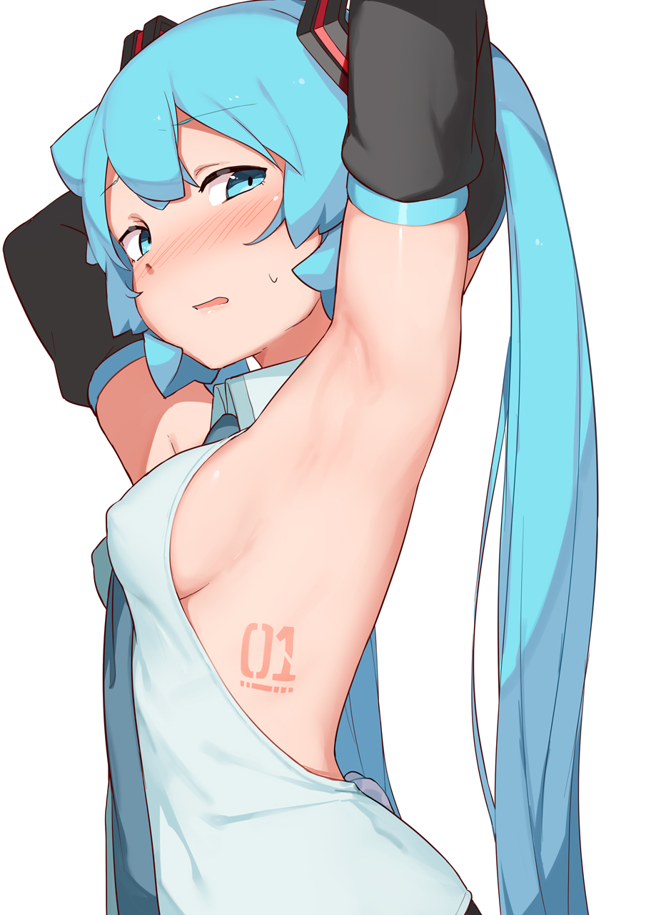 1girl, 1girls, abmayo, aqua hair, armpit fetish, armpits, arms behind head, arms up, armwear, bangs, bare shoulders, black sleeves, blue eyes, blue hair, blush, breasts, covered nipples, detached sleeves, female, female only, grey shirt, hair ornament, hatsune miku, light blue hair, long hair, looking at viewer, looking to the side, medium breasts, necktie, necktie between breasts, number tattoo, open mouth, shiny, shiny hair, shirt, sideboob, simple background, small breasts, solo, tattoo, twintails, upper body, very long hair, vocaloid, white background