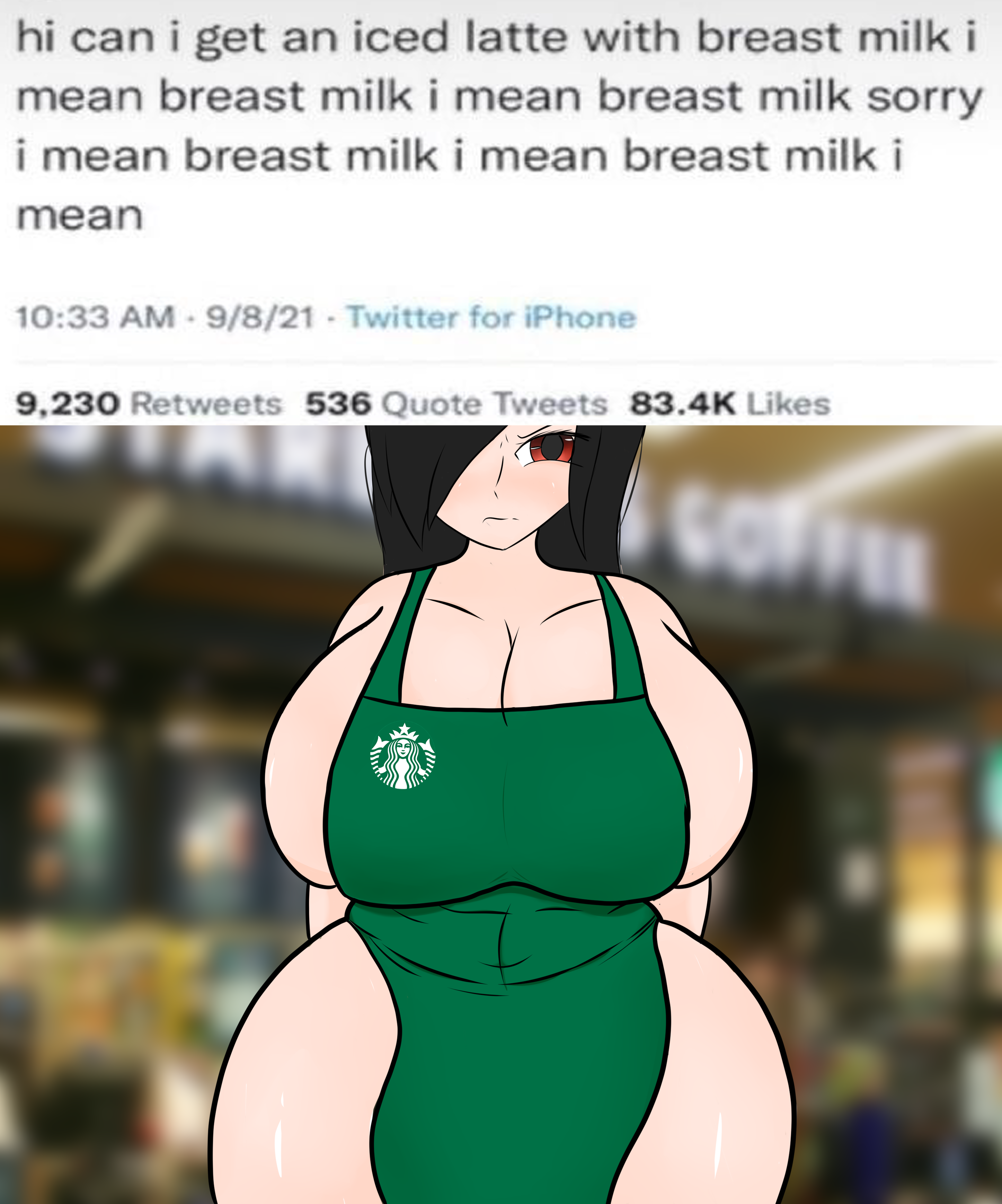 angry, angry face, ass, bbw, big breasts, black hair, breasts, fat ass, female, hourglass figure, huge ass, huge breasts, iced latte with breast milk, jun-, long hair, meme, red eyes, starbucks