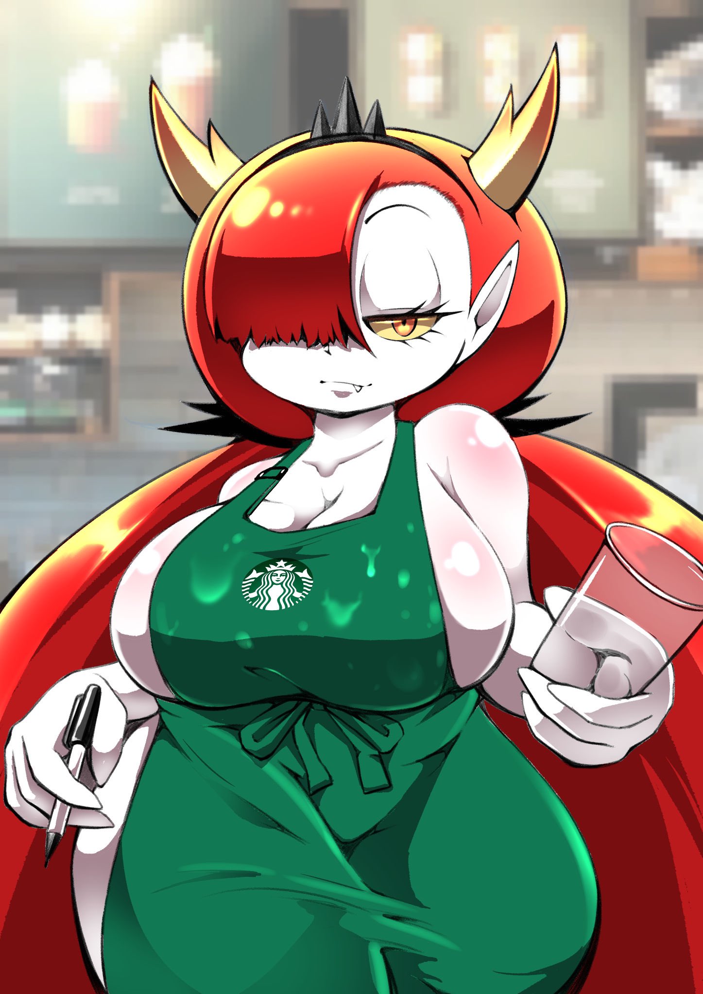 1girls, apron, breasts, cleavage, cocco, disney, disney channel, disney xd, female, female focus, female only, front view, hair over one eye, hairbow, hekapoo, horns, huge breasts, humanoid, iced latte with breast milk, long hair, looking at viewer, meme, one eye covered, pointy ears, red hair, star vs the forces of evil, starbucks, thick thighs, voluptuous, white skin, wide hips, yellow sclera