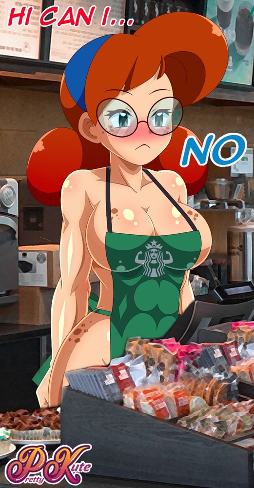 apron apron_only busty female female_focus female_only glasses hourglass_figure iced_latte_with_breast_milk little_red_riding_hood meme pk-studios red_hair sideboob tagme terra_mandrile waitress waitress_uniform wide_hips