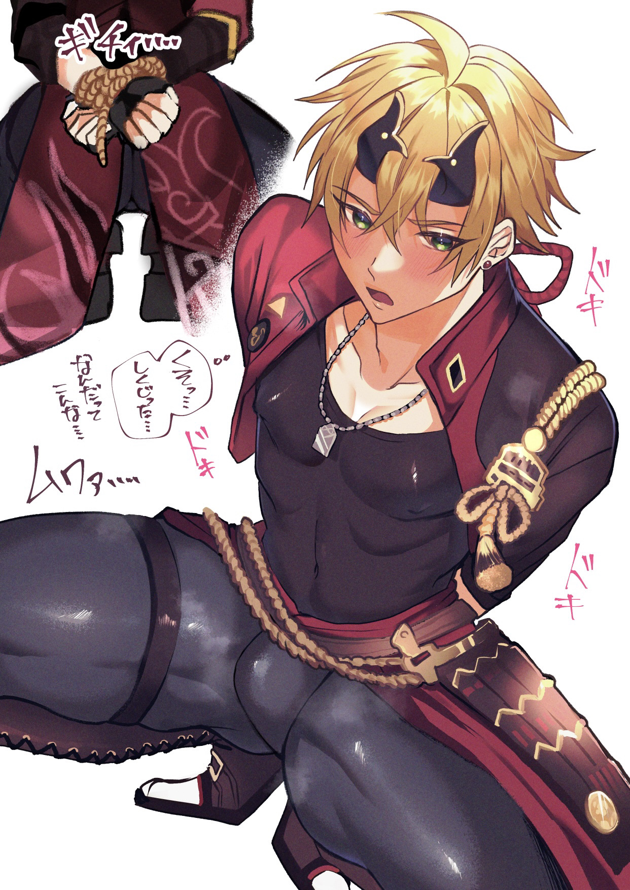 1boy, blonde hair, blush, bondage, bulge, bulge through clothing, erection, erection under clothes, genshin impact, green eyes, japanese text, male, male only, rope, thoma (genshin impact), tied up, tight pants, torobinbinbin