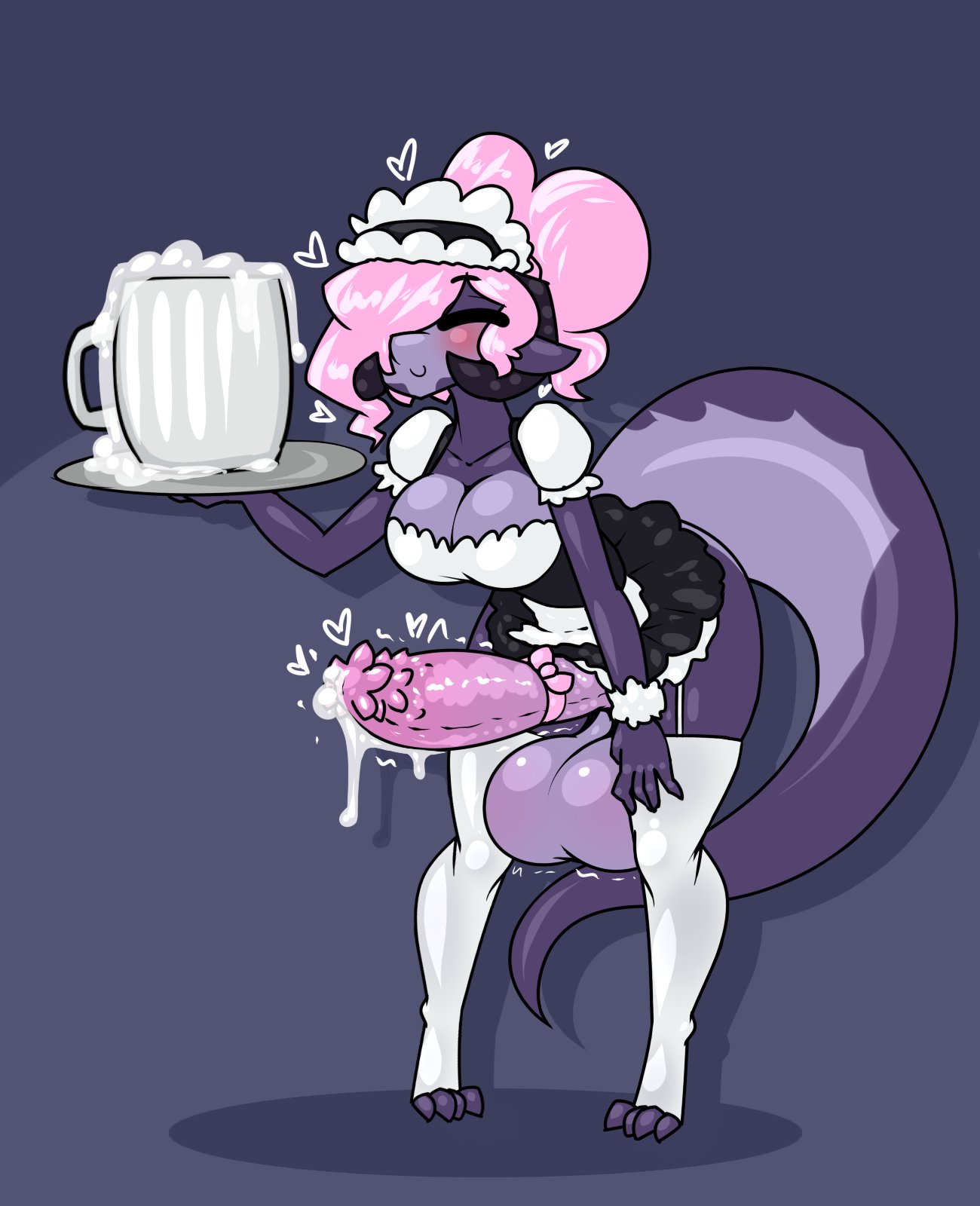 1futa, balls, bent over, big breasts, breasts, clothed, clothing, cum, cum in container, cum in cup, erection, female, futa only, futanari, huge balls, huge cock, intersex, limebreaker, maid, maid uniform, monster girl, mostly clothed, octavia (limebreaker), original, penis, penis ribbon, pink hair, precum, ribbon, solo, standing, tagme, waitress