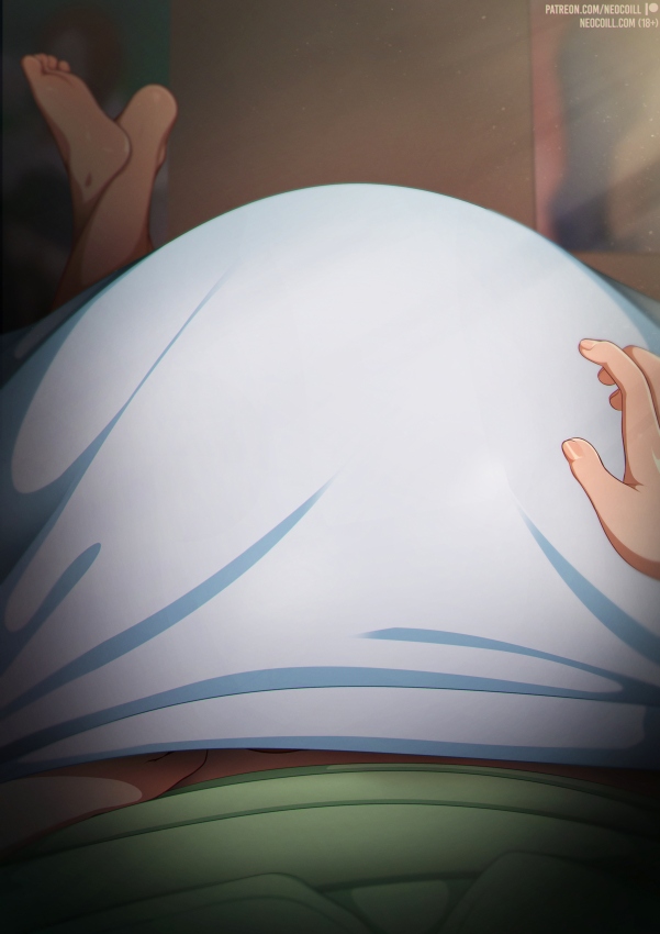 1boy, 1girls, aged up, bed, big breasts, black hair, breast size difference, breasts, brown eyes, comic, fellatio, female, hayase nagatoro, higher resolution available, implied fellatio, implied oral, light skin, light-skinned male, looking at viewer, male, naoto hachioji (senpai), neocoill, on back, on bed, oral, please don't bully me, nagatoro, pov, pov eye contact, tanned skin, under covers, watermark