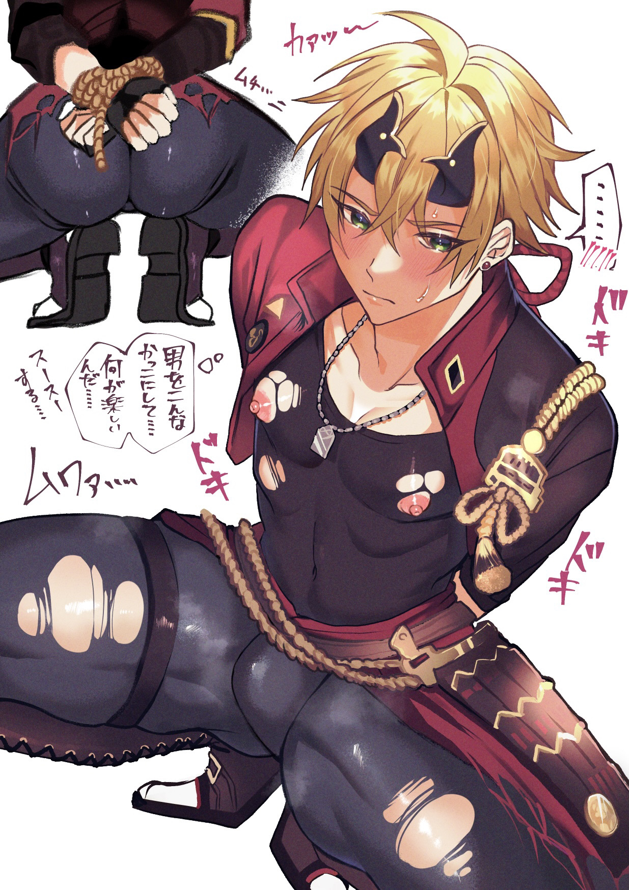 1boy, ass, blonde hair, blush, bondage, bulge, bulge through clothing, erection, erection under clothes, genshin impact, green eyes, japanese text, male, nipples, rope, solo male, thoma (genshin impact), tight clothing, torn clothes, torobinbinbin