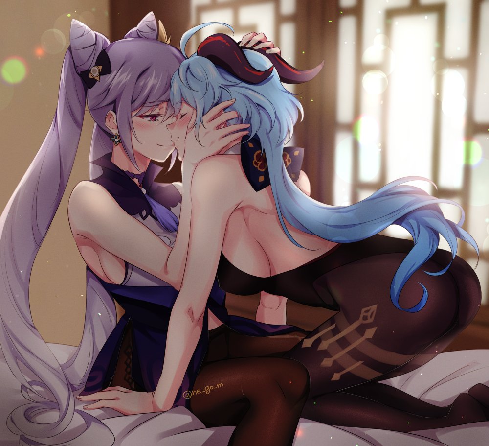 2girls ahoge arm_support backless_leotard bangs bare_arms bare_shoulders big_breasts black_bow black_leotard blue_hair blurry blurry_background blush bow breasts choker closed_eyes closed_mouth covered_nipples covering_breasts dress earrings eyebrows_visible_through_hair feet_out_of_frame ganyu_(genshin_impact) genshin_impact goat_horns hair_cones hair_ornament hairbow horns indoors jewelry keqing_(genshin_impact) leotard light_particles looking_at_another looking_at_partner negom on_bed pantyhose purple_eyes purple_hair romantic romantic_couple sideboob sitting sleeveless smile twintails very_long_hair yuri