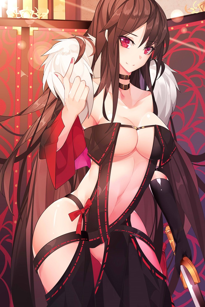 akuta_hinako black_dress black_gloves board_game breasts brown_hair center_opening choker cleavage clothing dress fate/grand_order fate_(series) female fur-trimmed_jacket fur_trim gloves holding_sword holding_weapon jacket large_breasts long_hair looking_at_viewer nail_polish nami_qi navel red_eyes red_nails revealing_clothes ribbon-trimmed_dress smile solo strapless strapless_dress sword very_long_hair weapon yu_miaoyi_(fate)