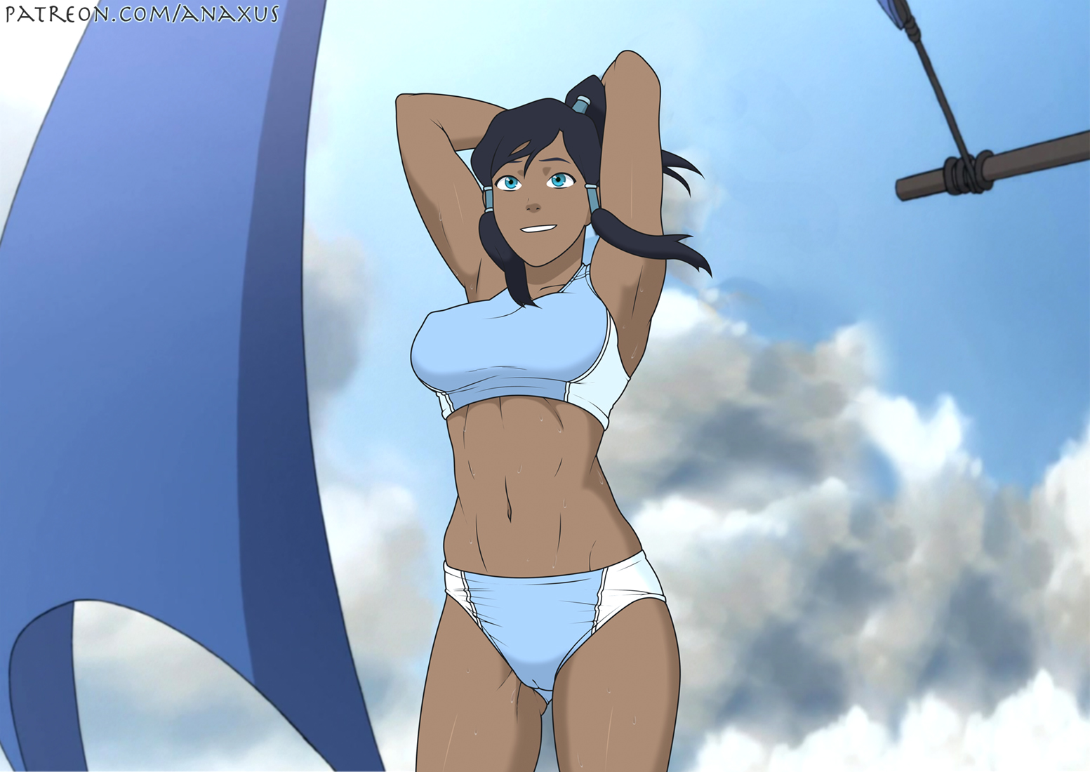 1girls, anaxus, armpits, arms up, avatar legends, boat, bra, breasts, dark skin, dark-skinned female, female, female only, fit, fit female, happy, korra, medium breasts, nickelodeon, panties, solo, solo female, sports bra, sportswear, the avatar, the legend of korra, water tribe
