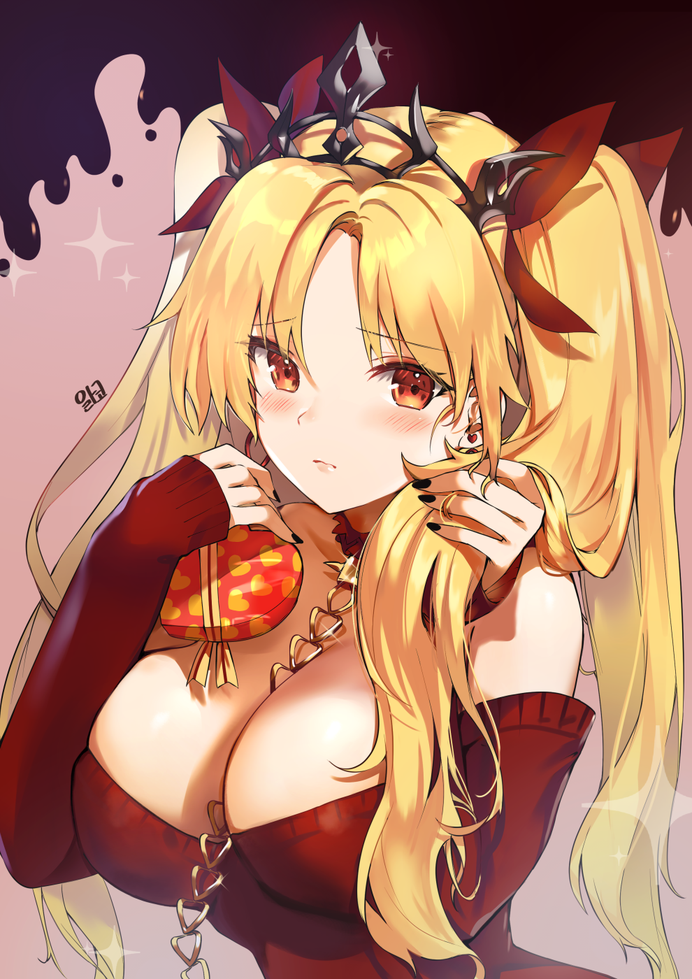 alraco bangs bare_shoulders between_breasts blonde_hair blush box breasts chains clavicle cleavage closed_mouth clothing crown ereshkigal_(fate) fate/grand_order fate_(series) female gift gift_box gold headwear heart-shaped_box high_resolution holding holding_gift large_breasts long_hair long_sleeves looking_at_viewer off-shoulder_sweater off_shoulder parted_bangs pixiv_id_5383046 red_eyes red_sweater solo sparkle sweater tiara tohsaka_rin two_side_up valentine